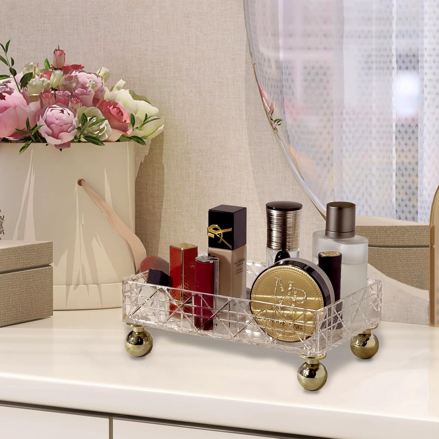 Private Label Transparent Makeup Organizer Storage Box Bathroom Counter Organizer Acrylic Vanity Tray with Gold Feet Geometric Texture Waterproof Makeup Organizer Countertop Storage for Hotel Home Custom Logo Service