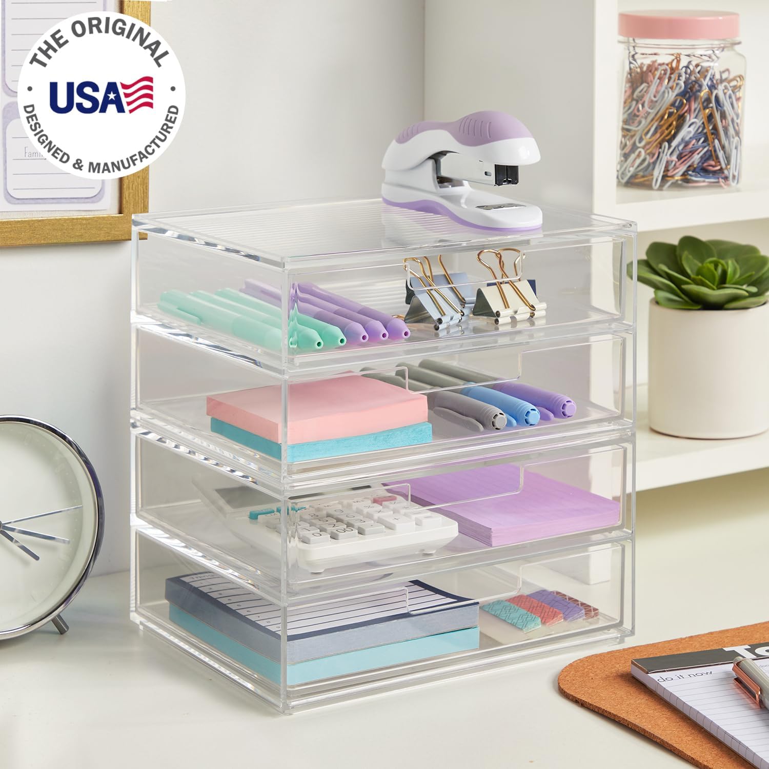 Private Label STORi Chloe Space-Saving Clear Drawer Organizer (4 Wide Drawers) Sort Office, Kitchen, Beauty Supplies, Makeup, Pens, Jewelry, Stationary, Made in USA Custom Logo Service