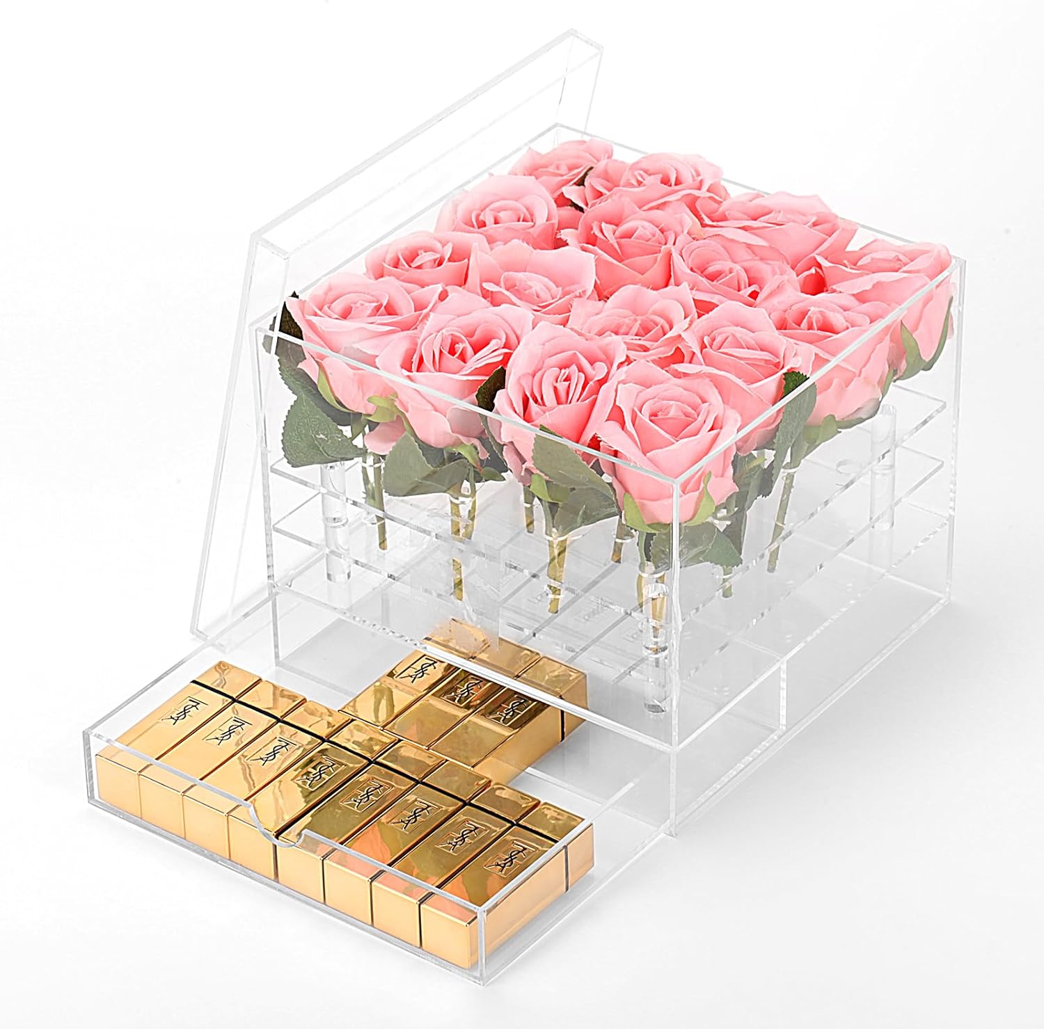 Private Label Choowin Clear Acrylic Flower Box with Drawer - Decorative Keepsake Box - 16 Hole Flower Vase - 7.9x7.9x5.9 inch Wholesale Manufacturer