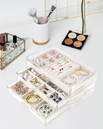Direct Manufacturer Acrylic Jewelry Organizer with 5 Drawers, Drawer with Velvet Trays, Earring Display for Storage and Gift for Women (Beige) Low MOQ