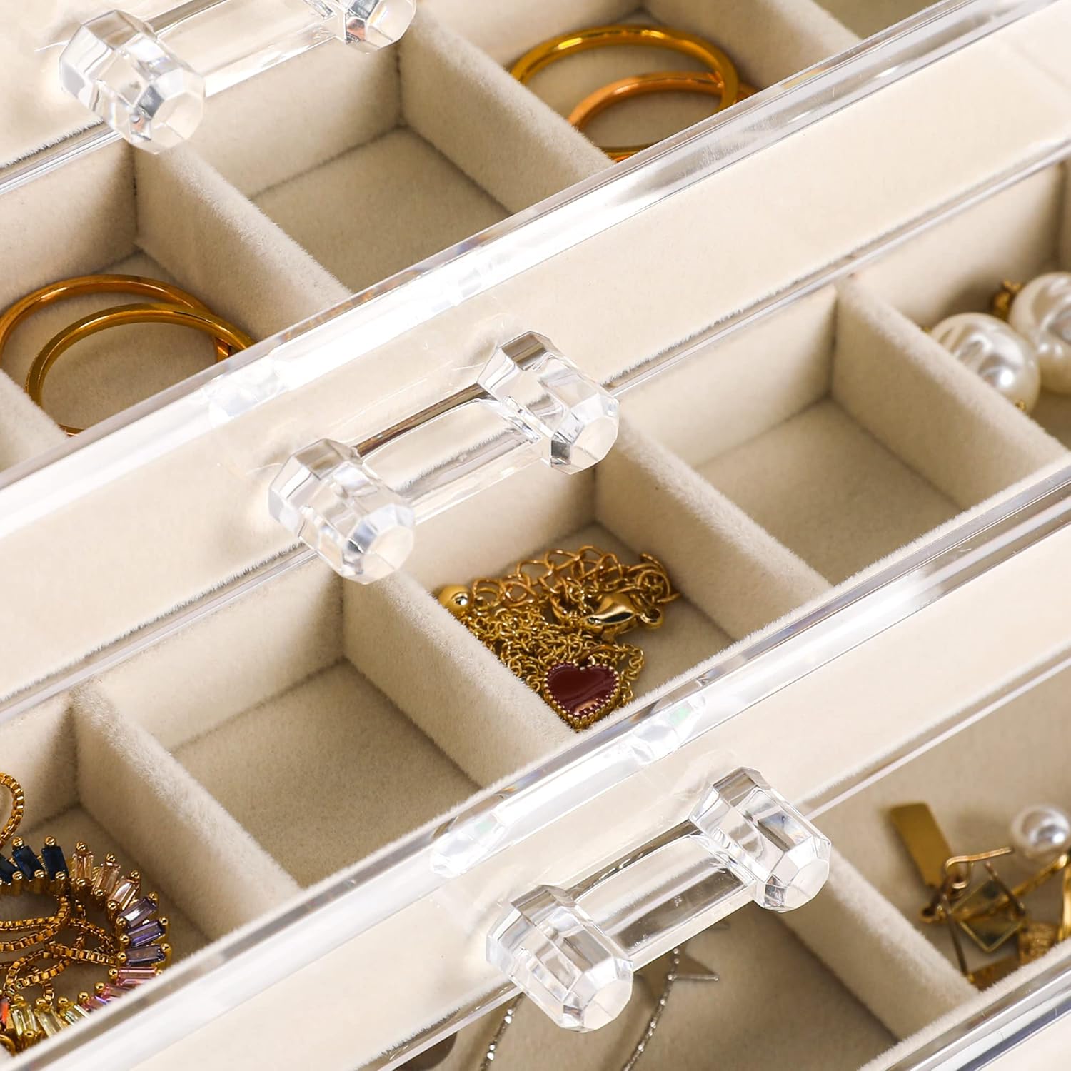 Direct Manufacturer Frebeauty Acrylic Jewelry Organizer Earring Organizer Box with 5 Drawers Earring Holder Organizer with Velvet Trays Clear Jewelry Box for Women Earring Display for Rings Studs(Beige) Low MOQ