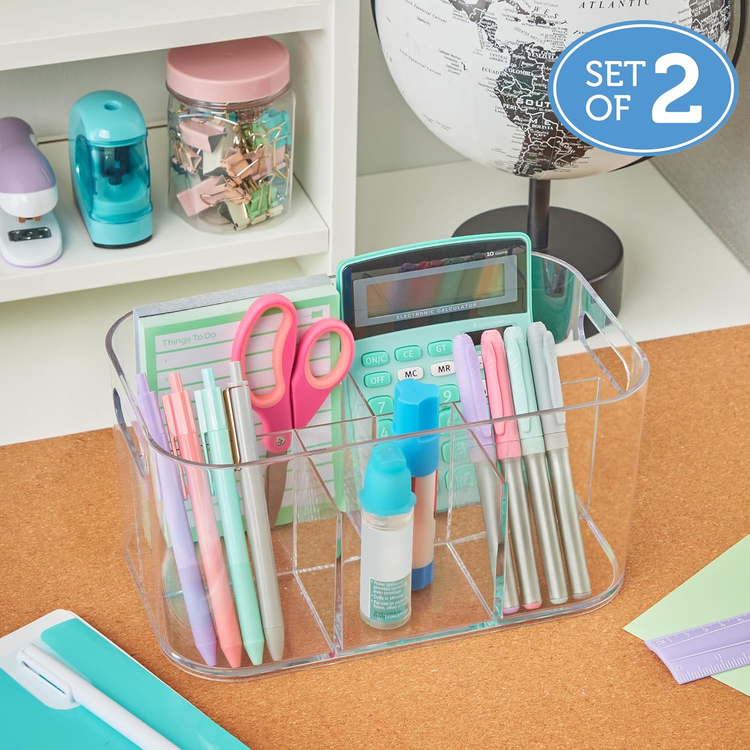 Private Label STORi Bliss 5-Compartment Plastic Cosmetics Storage Organizer, Set of 2 | Clear | Rectangular Divided Makeup Bin & Vanity Caddy with Pass-Through Handles | Round Corner Design | Made in USA Custom Logo Service