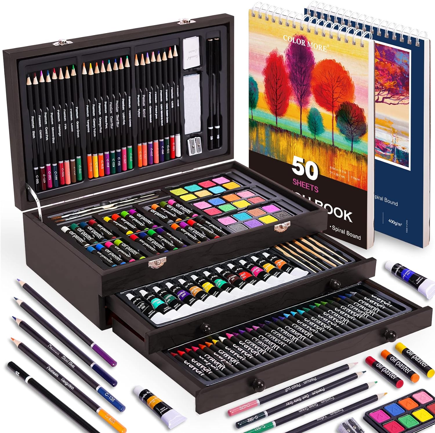 175 Piece Deluxe Art Set with 2 Drawing Pads, Acrylic Paints,Crayons,Colored Pencils,Paint Set in Wooden Case,Professional Art Kit,Art Supplies for Adults,Teens and Artist,Paint Supplies