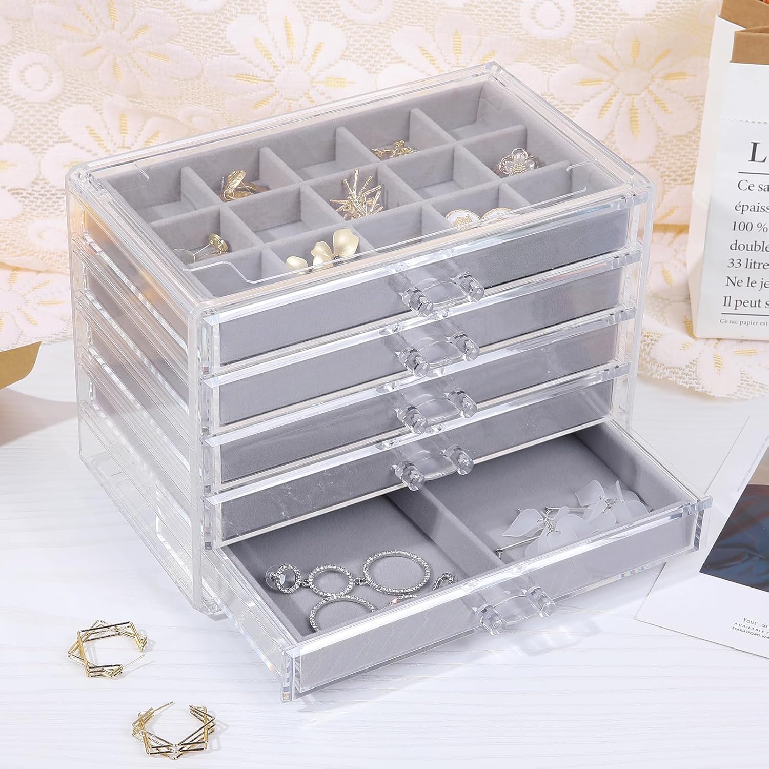 Direct Manufacturer misaya Earring Jewelry Organizer with 5 Drawers, Birthday Present, Clear Acrylic Jewelry Box for Women, Velvet Earring Display Holder for Earrings Ring Bracelet Necklace, Gray Low MOQ