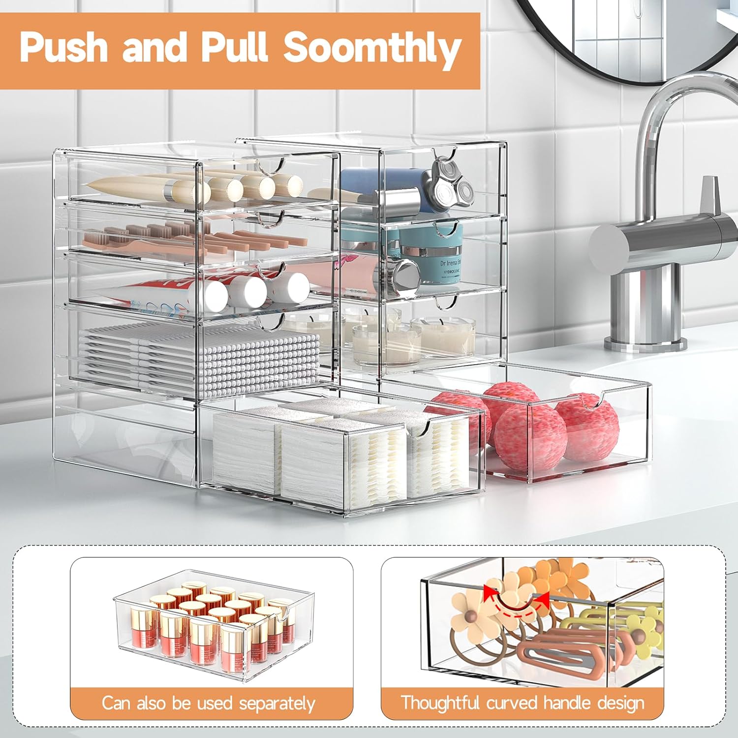 Private Label Makeup Drawer Storage Organizer with 20 Drawers, 4 Set Acrylic Office Desk Organization and Storage, Dustproof Drawer Organizer for Makeup, Office, Countertop, Jewelry, Pen, Desktop, Bathroom, Bedroom Factory Direct Price