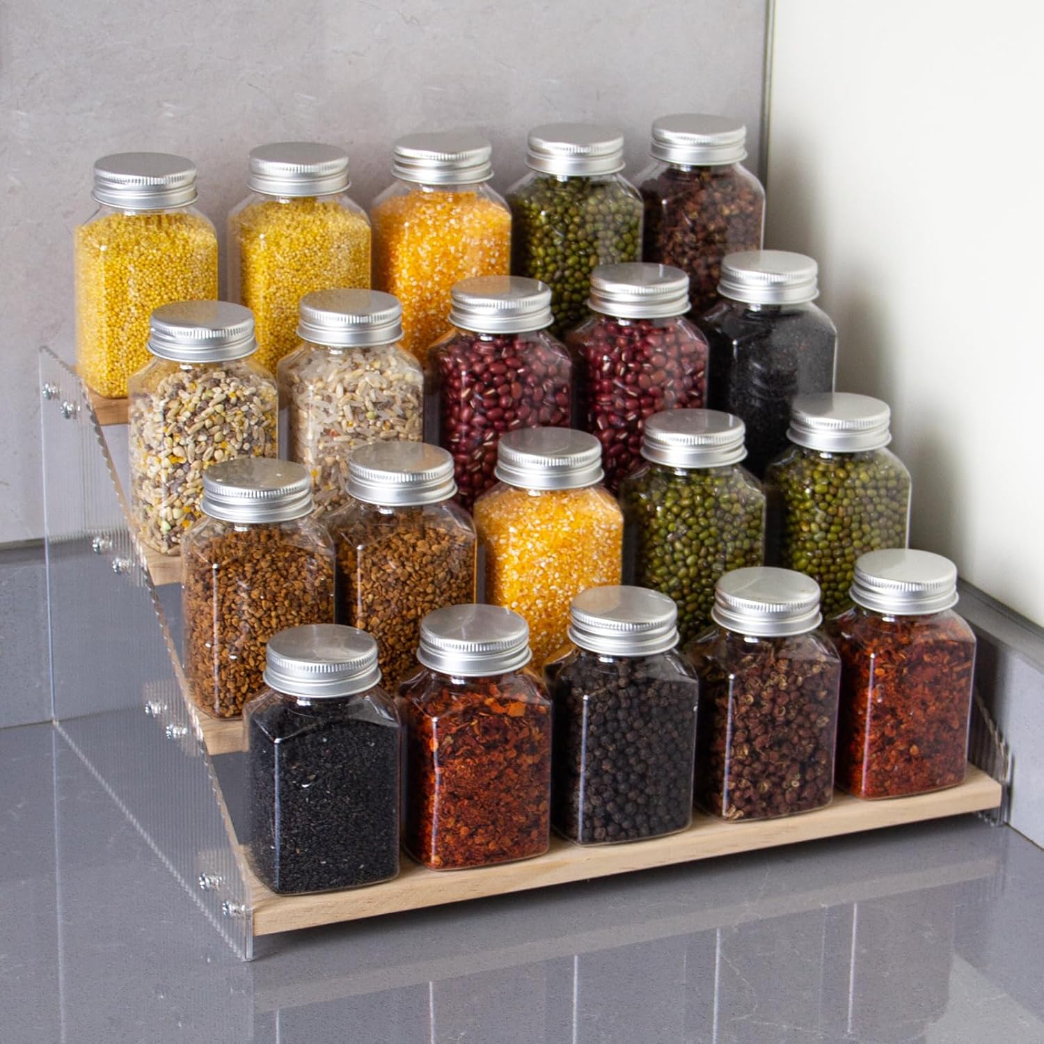 Private Label nianfeng Tiered Spice Rack, 4-Tier Spice Pantry Kitchen Cabinet Organizer, 12-Inch, Natural Wood Acrylic Stair Riser Stand, Countertop Seasoning Shelf Dropshipping Friendly