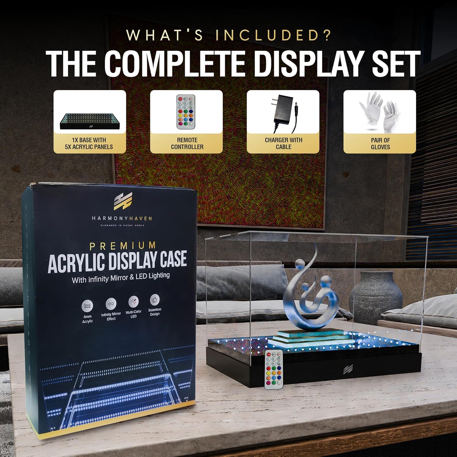 Private Label Harmony Haven Acrylic Display Case with Infinity Mirror & Multi-Color LED Lighting - Sturdy 4mm Design, Remote-Controlled Lights, Simple Assembly. for Collectibles, Action Figures, Sports Memorabilia Ecommerce Ready Product
