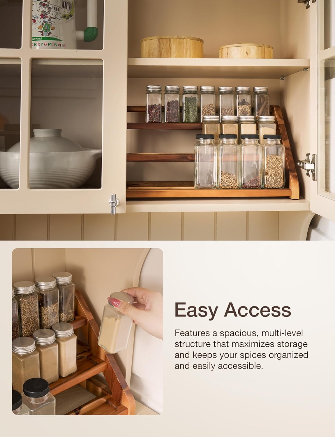 Private Label Tinamo Acacia Wood Spice Rack for Countertop - Wooden Tray Holds 24 Jars Spice Racks Organizer for Storage Shelf - 3 Tiered Spice Rack Organizer for Cabinet - Spice Shelf for Kitchen Pantry (Acacia) Dropshipping Friendly