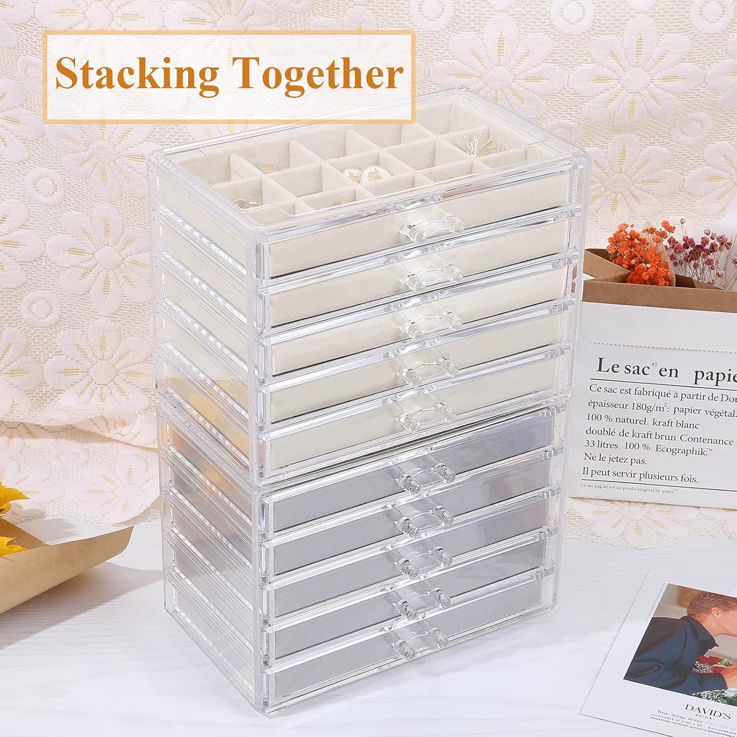 Direct Manufacturer misaya Earring Jewelry Organizer with 5 Drawers, Birthday Present, Clear Acrylic Jewelry Box for Women, Velvet Earring Display Holder for Earrings Ring Bracelet Necklace, Gray Low MOQ