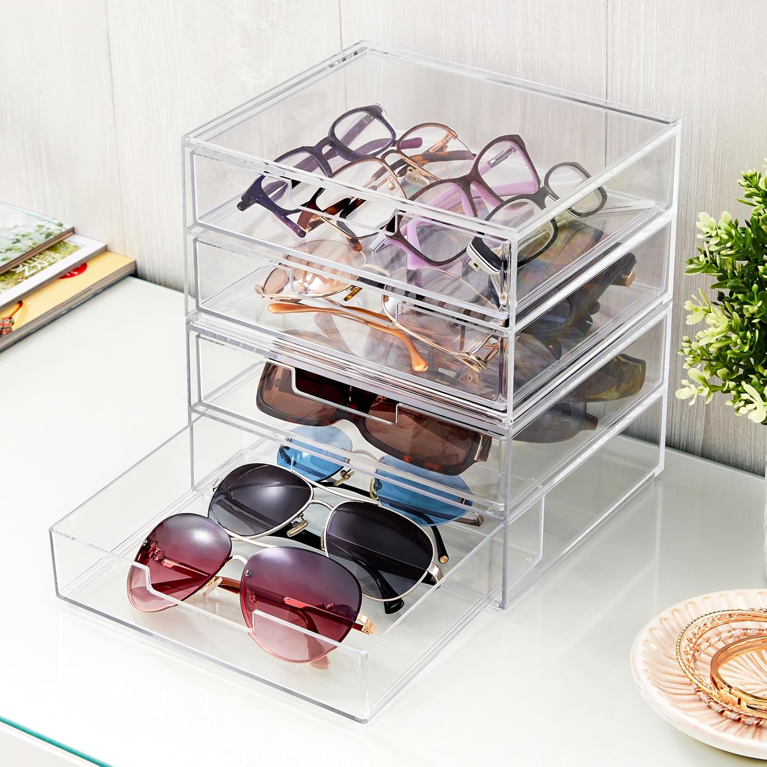 Private Label STORi Chloe Space-Saving Clear Drawer Organizer (4 Wide Drawers) Sort Office, Kitchen, Beauty Supplies, Makeup, Pens, Jewelry, Stationary, Made in USA Custom Logo Service