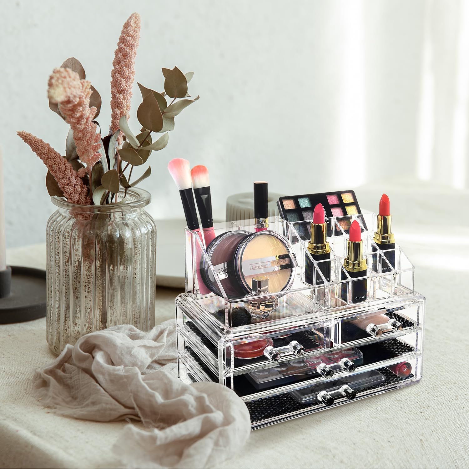 Private Label Ikee Design Acrylic Makeup Organizer with 4 Drawers and Removable Top Lipstick Holders, Ideal for Make-up or Accessories,Enhance Your Vanity or Bathroom with Clear Design for Quick Visibility Factory Direct Price