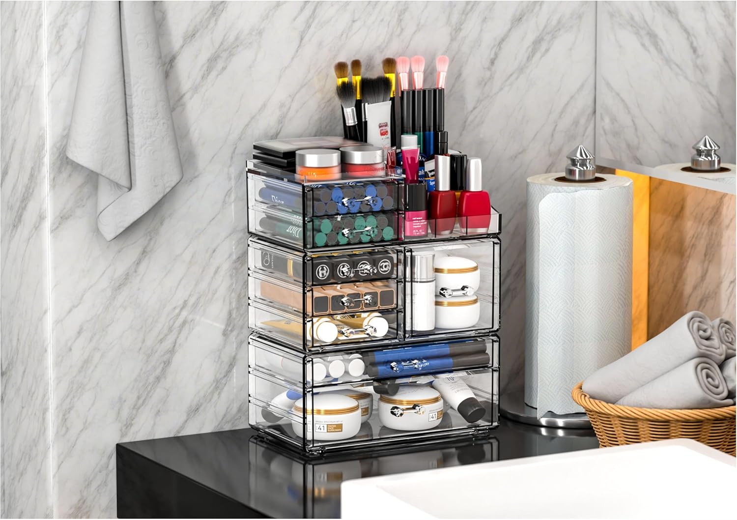 Private Label Acrylic Clear Makeup Organizer Countertop,Stackable Skincare Organizer for Vanity With 8 Drawers,Large Plastic Desk Accessories Organization,Bathroom Cosmetic Organizer Countertop for Beauty,Skin Care Factory Direct Price