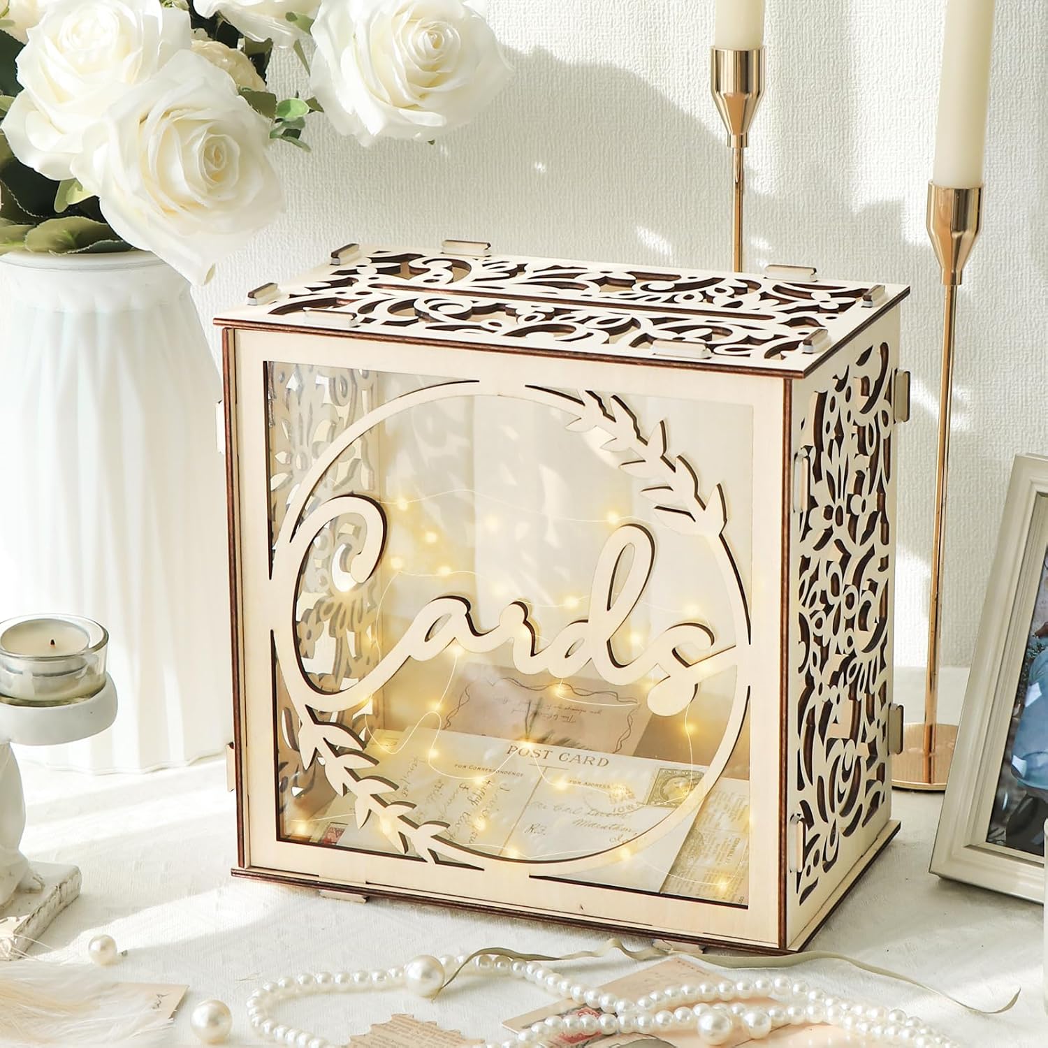 OurWarm Wedding Card Box for Wedding Reception, Wooden Wedding Card Boxes with a LED Lights, Gift Card Box Money Honeymoon Fund Box for Baby Shower Birthday Graduation Party Rustic Wedding Decorations