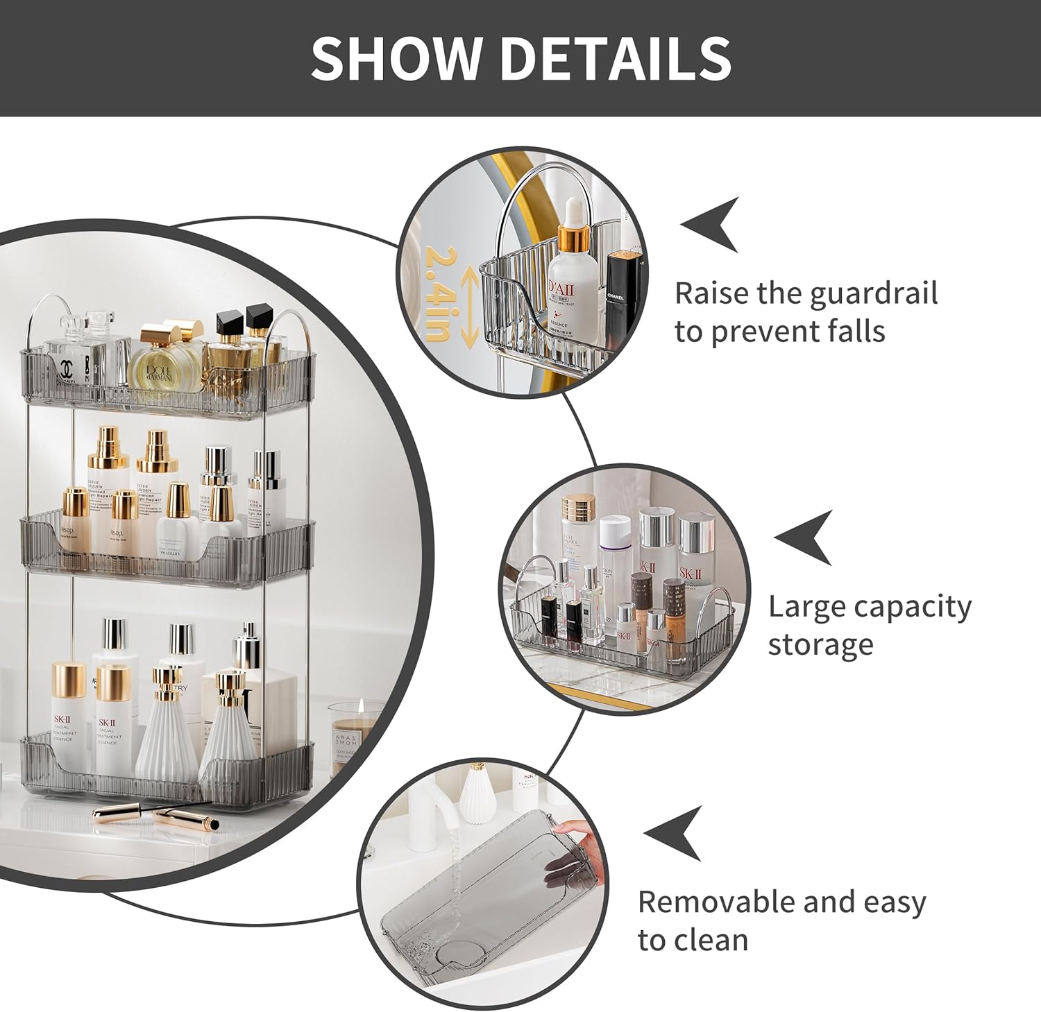 Private Label 3 Tier Bathroom Organizer Countertop Makeup Perfume Tray Skincare Organizer for Bathroom Dresser Vanity (Grey) Factory Direct Price