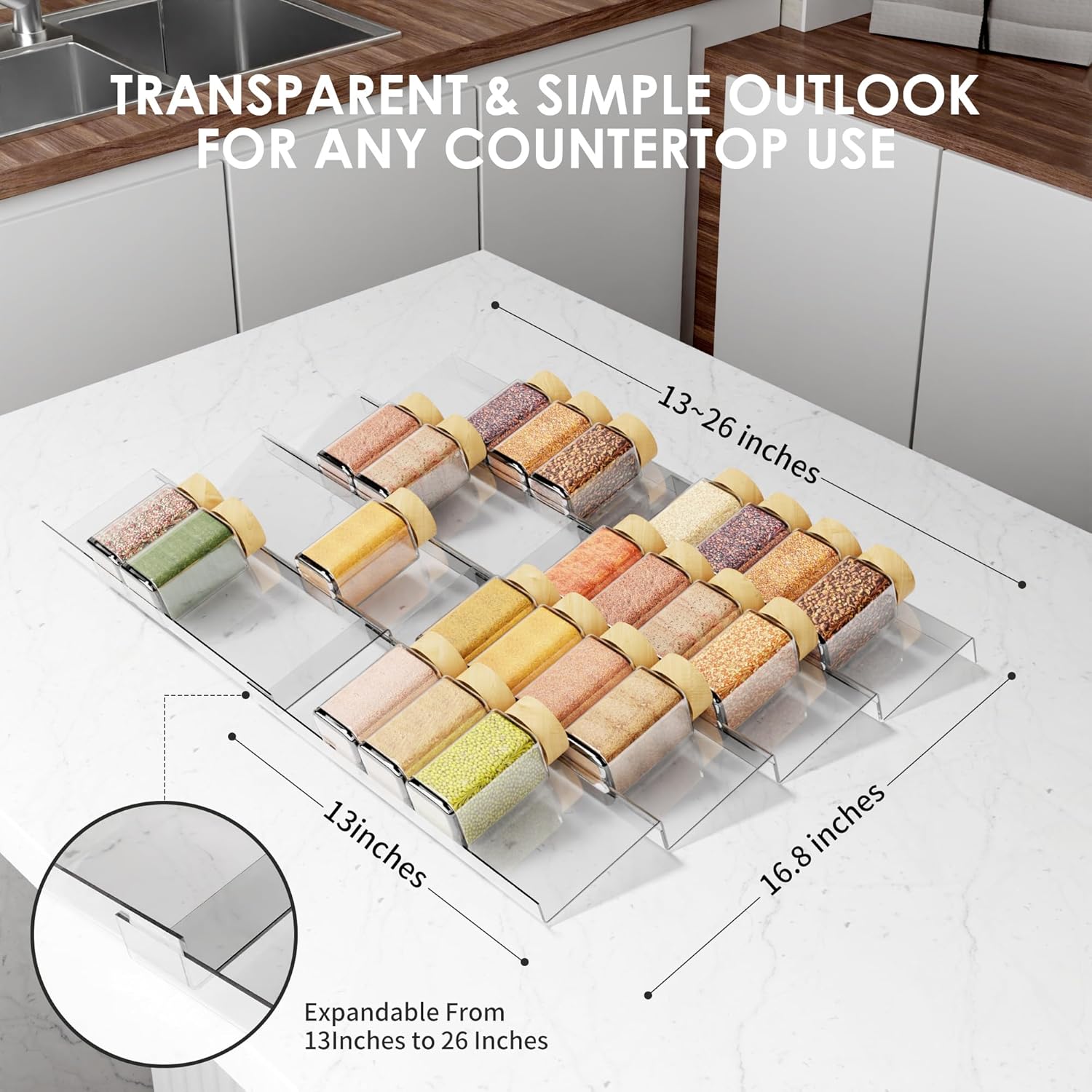 Private Label Spice Drawer Organizer, 4 Tier Clear Acrylic Expandable From 13" to 26" Seasoning Jars Drawer Insert, Kitchen Drawer Spice Rack Tray for Cabinet/Countertop Dropshipping Friendly