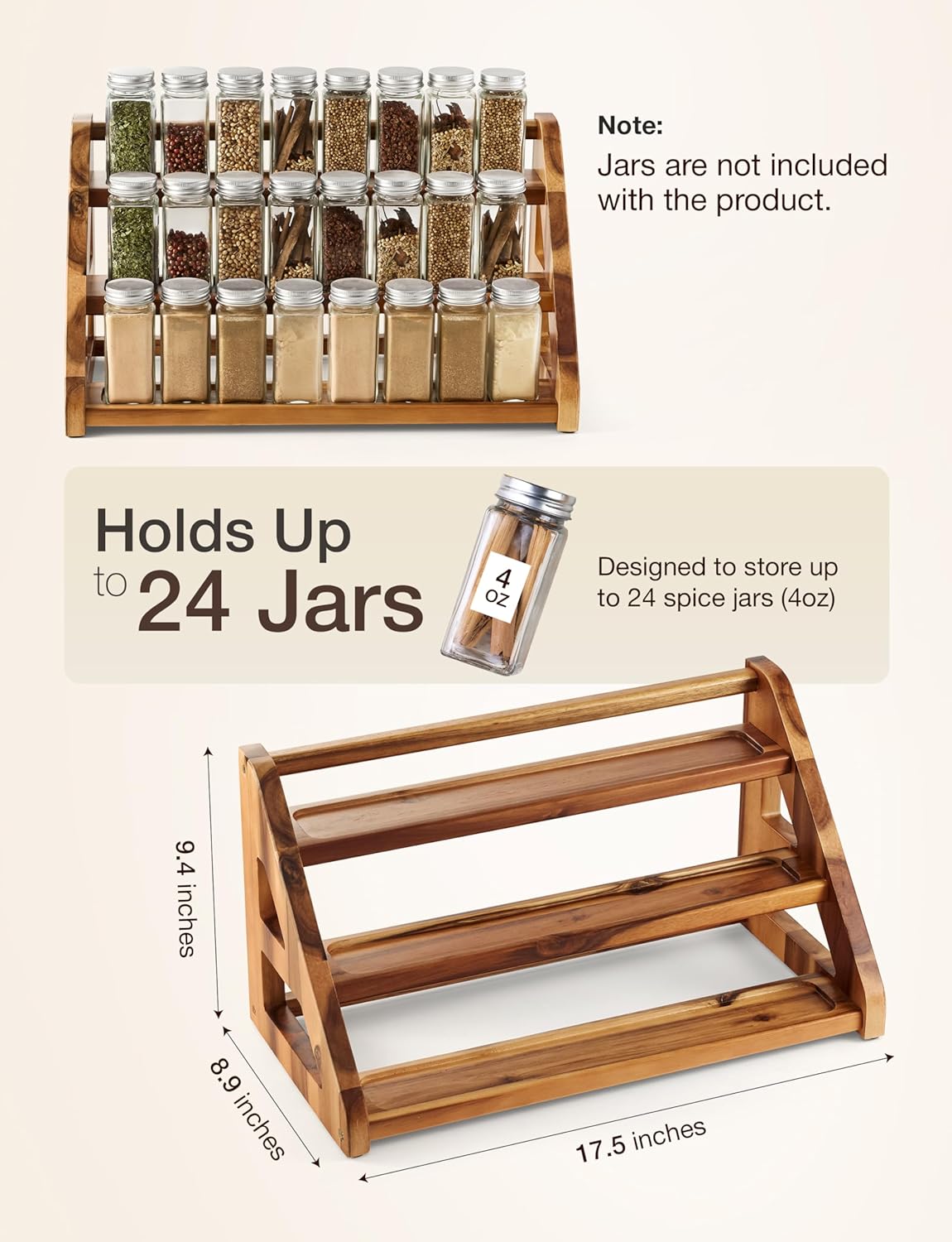 Private Label Tinamo Acacia Wood Spice Rack for Countertop - Wooden Tray Holds 24 Jars Spice Racks Organizer for Storage Shelf - 3 Tiered Spice Rack Organizer for Cabinet - Spice Shelf for Kitchen Pantry (Acacia) Dropshipping Friendly