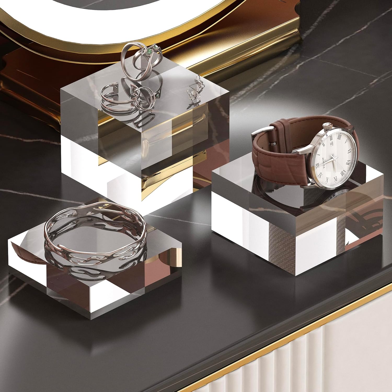 Acrylic Display Stands, 3 Graduated Sizes Acrylic Block Riser for Displaying Collection, Crystal Clear Acrylic Cube Pedestals for Jewelry Glass, Gem and Collectables, 1set