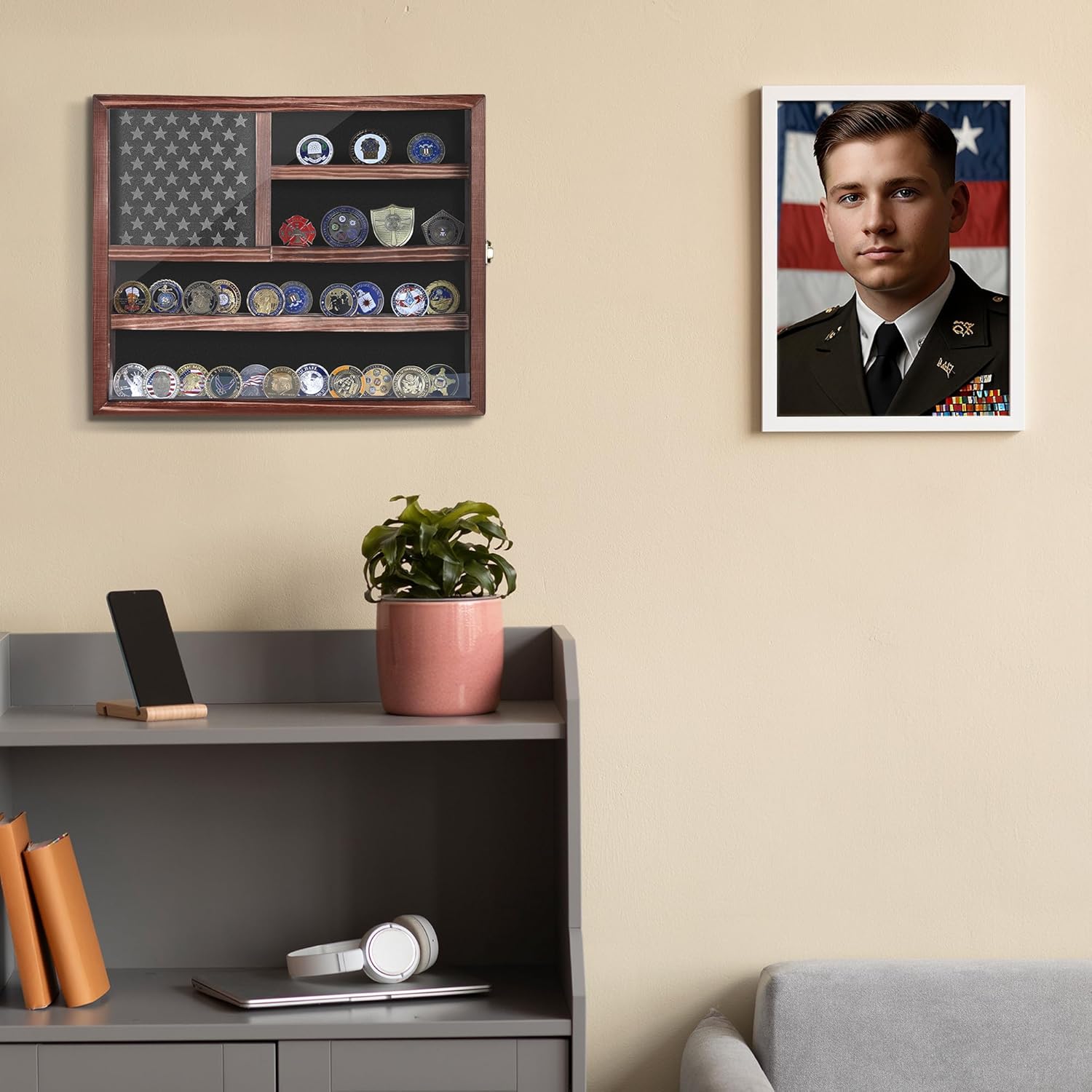 Private Label Challenge Coin Display Case, Lockable Military Coin Holder Cabinet with Removable Star Board and Anti-Fade Acrylic Door, Solid Wood Wall Mount Coins Collection Rack Stand Custom Mold Development