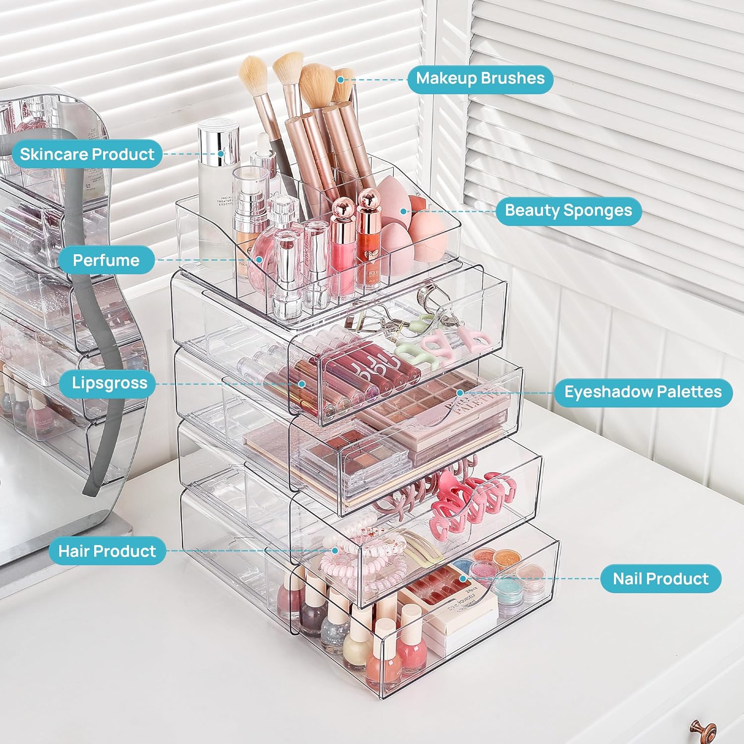 Private Label Vtopmart 3 Tier Clear Makeup Organizer with Drawer, Cosmetic Storage for Dresser Countertop and Bathroom Vanity, Beauty Holder for Lipstick Brush Skincare Factory Direct Price