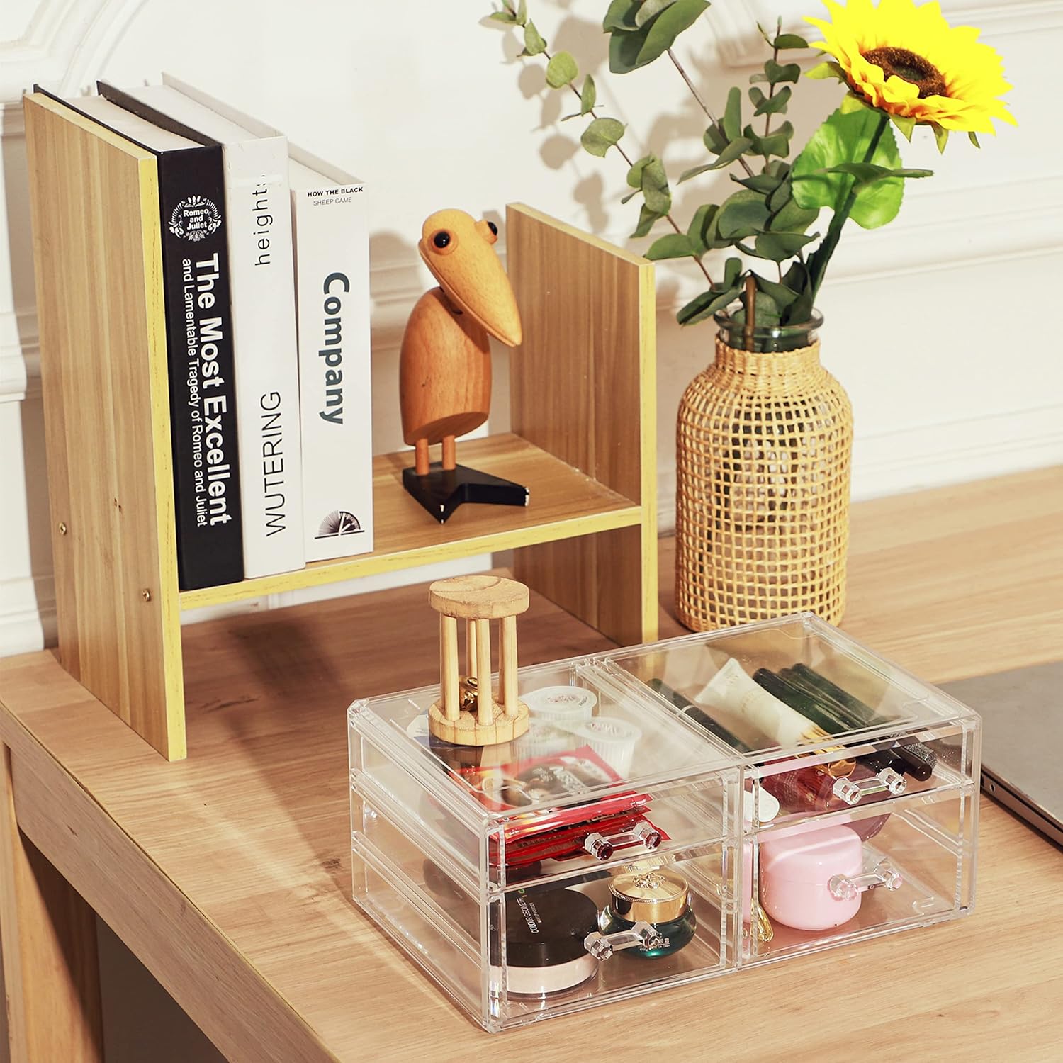 Private Label Acrylic Clear Makeup Organizers With 4 Drawers,Rectangular Office Stationery Supplies Plastic Storage Containers,Stackable Acrylic Drawers Suitable for Office,School,Home Cute Desk Organizer,Pack of 1 Custom Logo Service