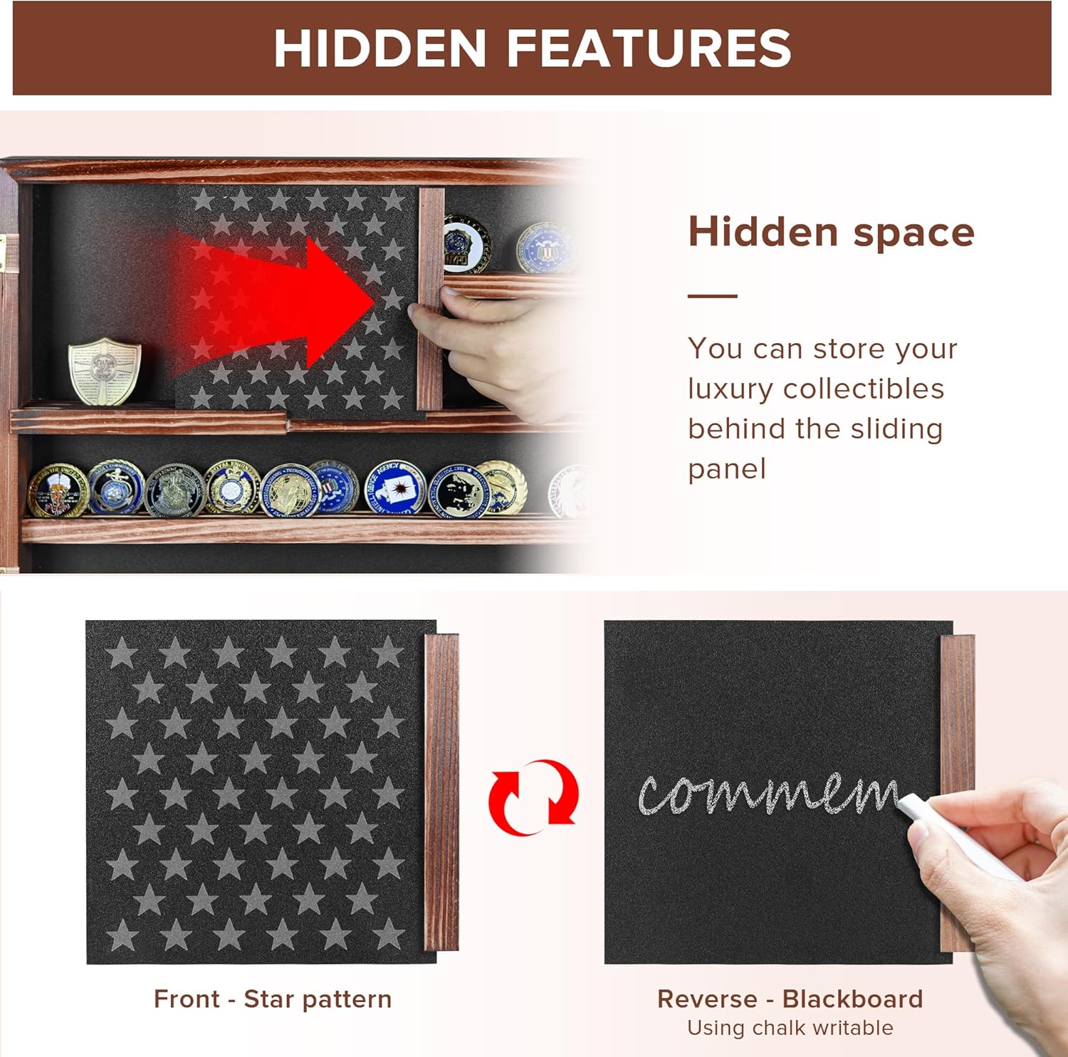 Private Label Challenge Coin Display Case, Lockable Military Coin Holder Cabinet with Removable Star Board and Anti-Fade Acrylic Door, Solid Wood Wall Mount Coins Collection Rack Stand Custom Mold Development
