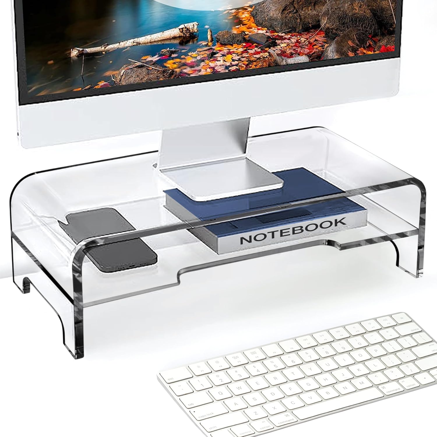 AMT Clear Acrylic Monitor Stand Riser 2 Tier, 5.5 Inches High Clear Computer Desk Organizer Shelf for Multi Media PC Storage Laptop