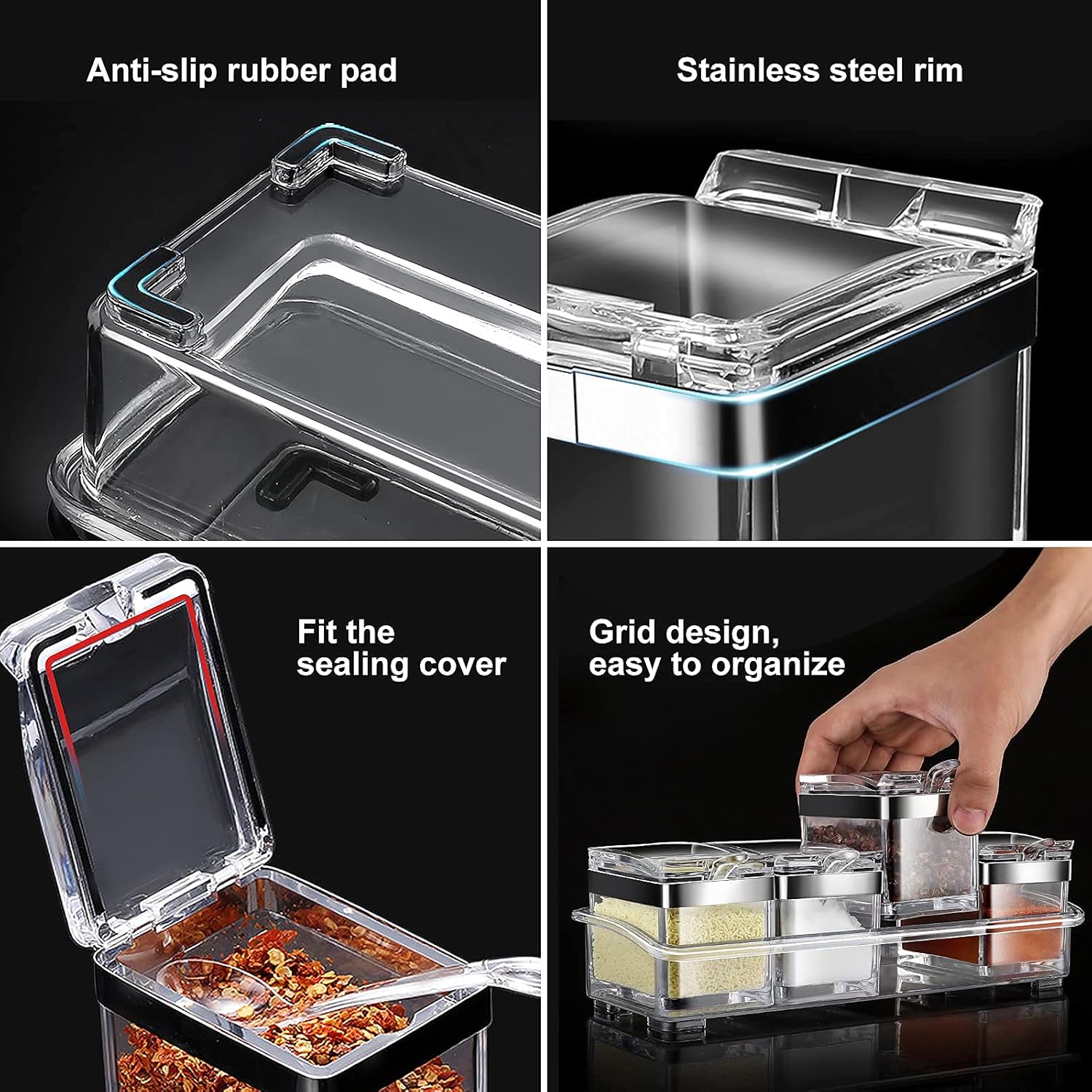 Private Label Acrylic Seasoning Box Set, 4 Piece Clear Premium Quality Storage Rack Spice Pots Condiment Jars for Salt Sugar Cruet Kitchen Organization Containers with Cover and Spoon Dropshipping Friendly