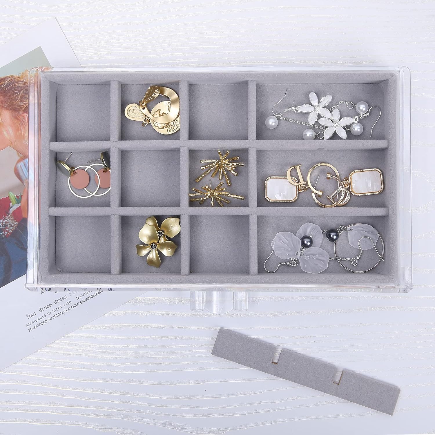 Direct Manufacturer misaya Earring Jewelry Organizer with 5 Drawers, Birthday Present, Clear Acrylic Jewelry Box for Women, Velvet Earring Display Holder for Earrings Ring Bracelet Necklace, Gray Low MOQ