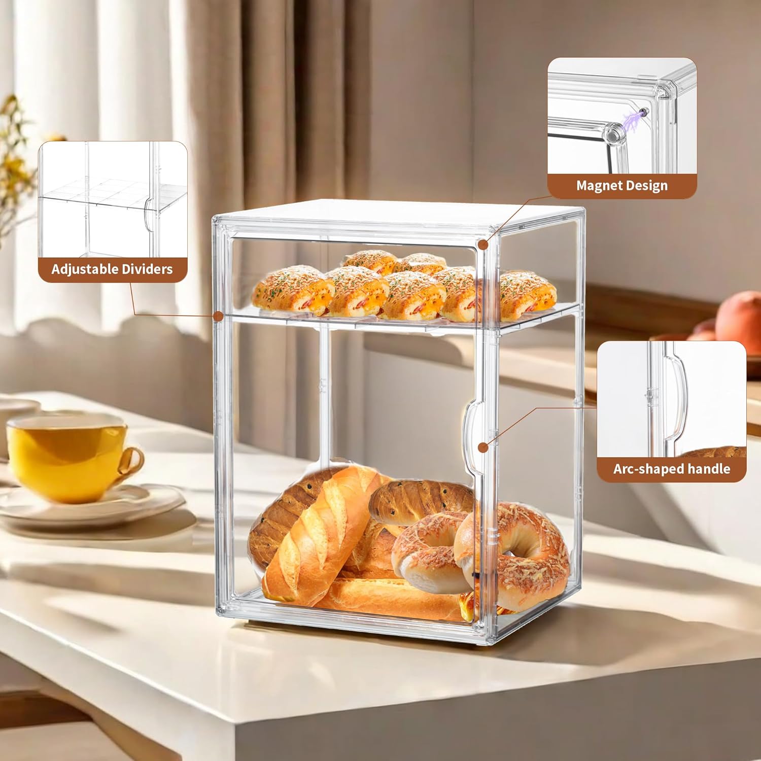 Wholesale OEM ODM Bread Box for Kitchen Countertop Pastry Display Case 4 Layers Adjustable Clear Bread Storage Container with Magnetic Door Bread Box Bakery Display Case Bread Holder Factory & Supplier