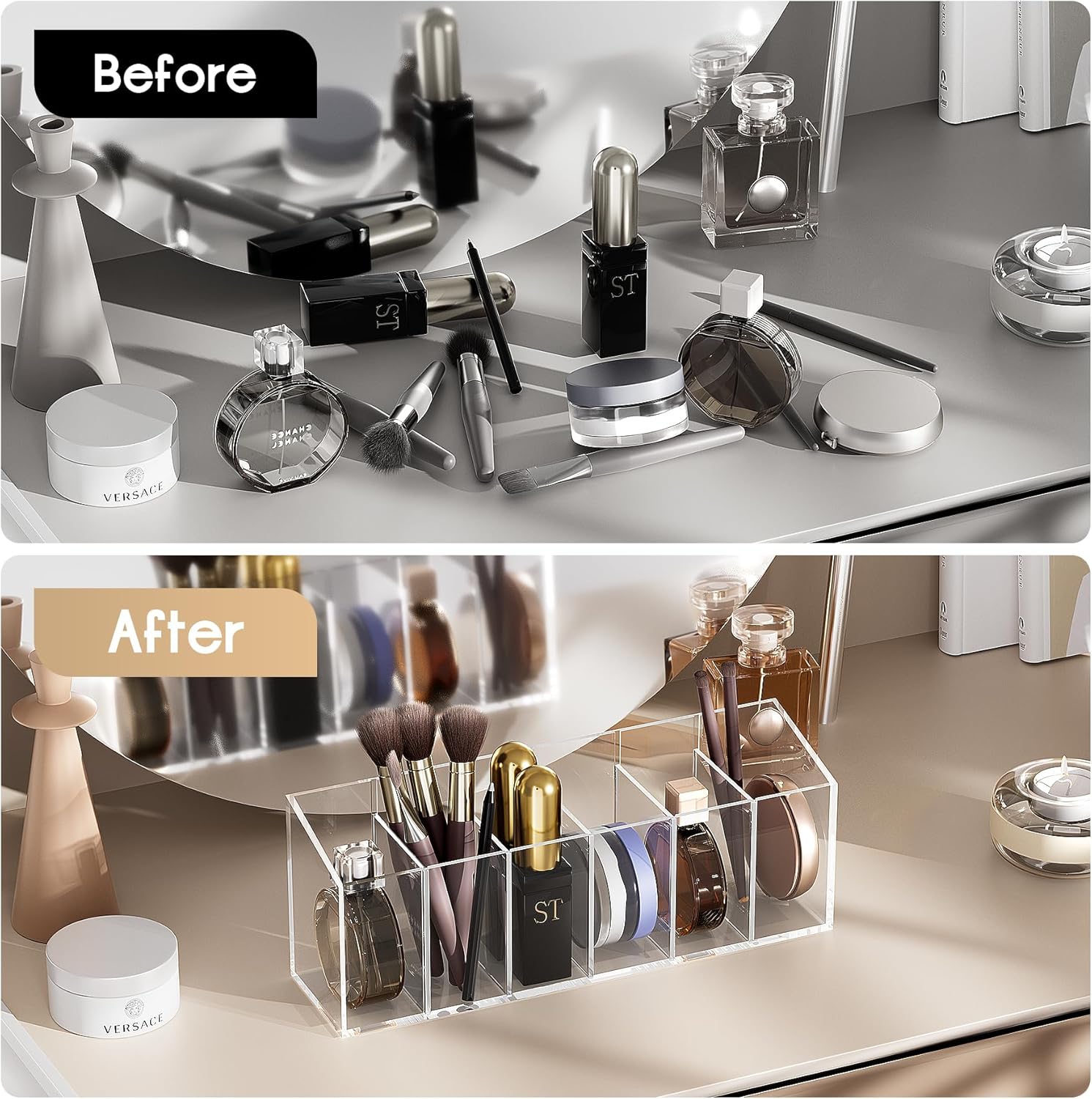 Private Label Acrylic 6-Compartment Makeup Organizer 2PCS, Transparent Plastic Makeup Brush Holder, Perfect Bathroom Vanity Storage Solution for Makeup Brushes, Eyebrow Pencils, and More Factory Direct Price