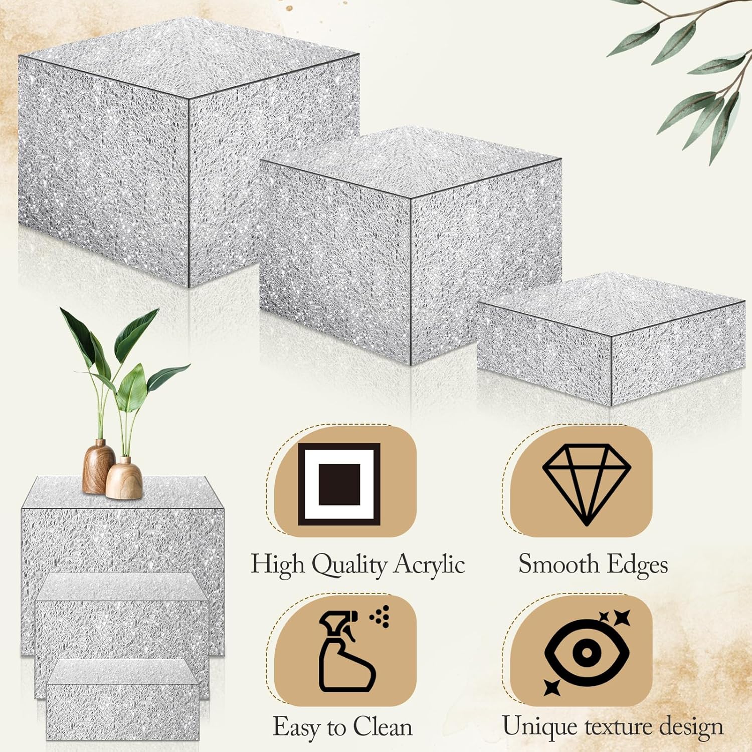 ODM Suzile 9 Pcs Food Risers Buffet Risers Acrylic Display Box Cube 5 Sided Clear Display Riser with Hollow Bottoms for Party, 8 x 8 x 6 Inch, 7 x 7 x 4 Inch, 6 x 6 x 2 Inch (Crushed Ice Pattern) Custom Logo Service
