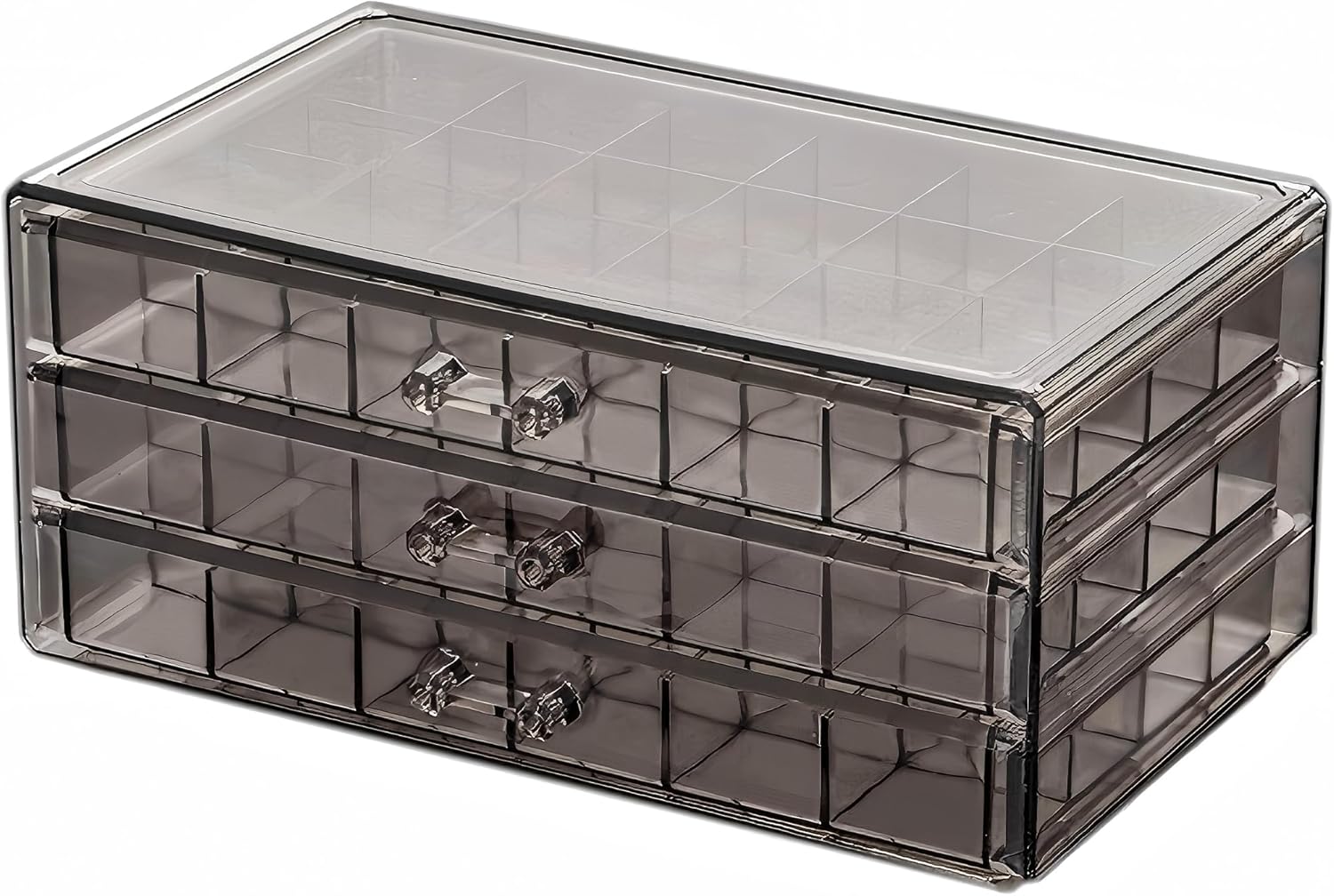 Grey Acrylic Earring Storage Organiser with 3 Drawers - Jewelry Box for Rings, Earrings, Necklaces, Makeup - Adjustable Earring Holder and Cosmetic Organizer (Grey)