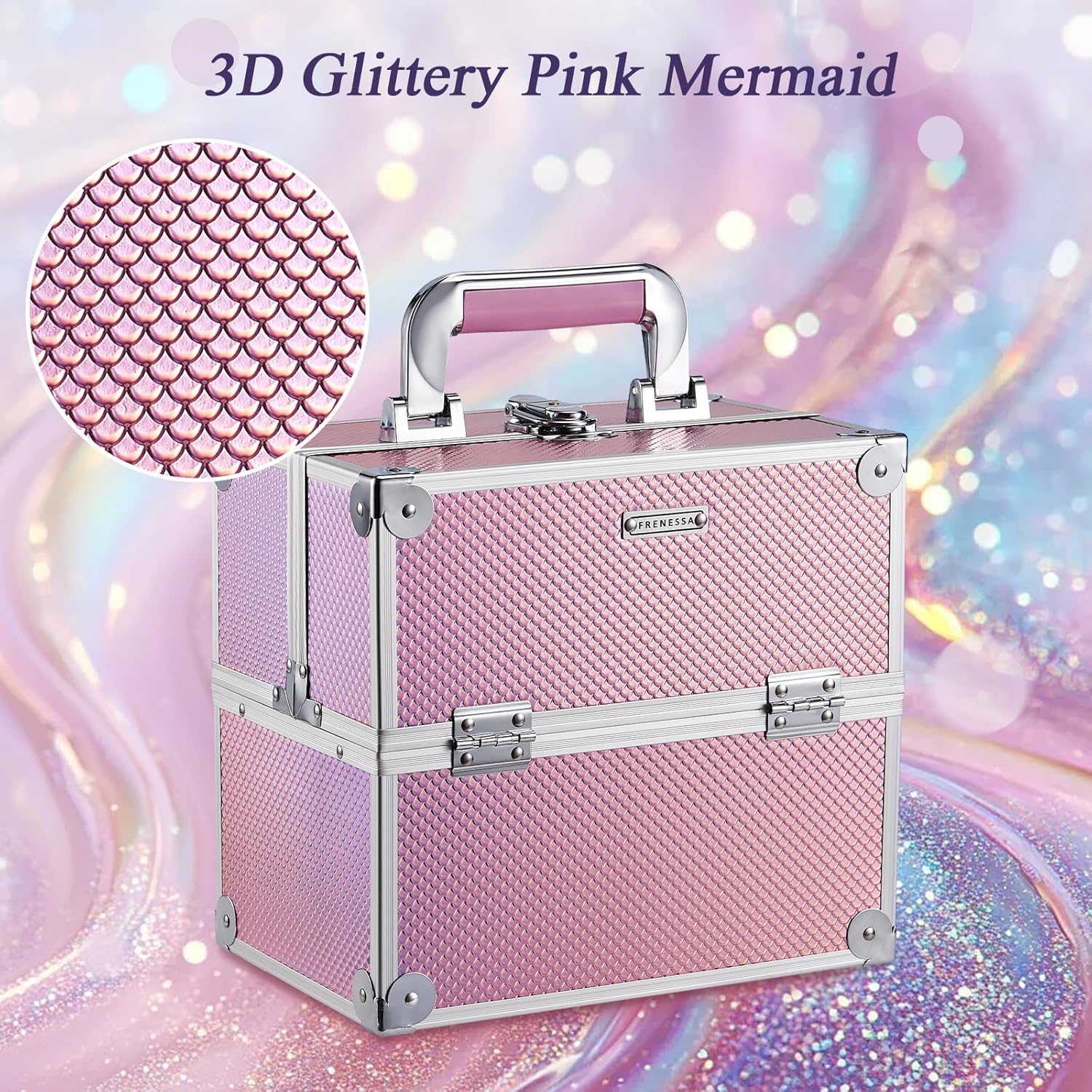 Private Label Frenessa Makeup Case Makeup Box Cosmetic Organizer Case Portable Make Up Artist Travel Case Storage Box 4 Trays with Dividers Lockable Hard Train Case Nail Tech Supply Storage Mermaid Pink Custom Logo Service