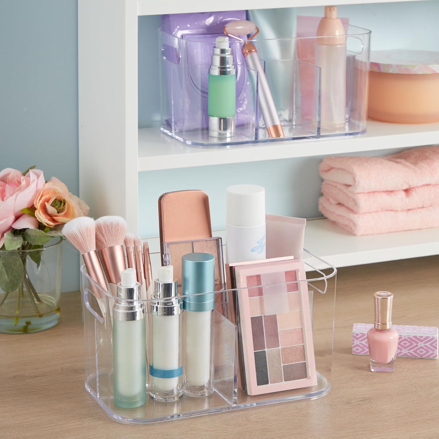 Private Label STORi Bliss 5-Compartment Plastic Cosmetics Storage Organizer | Clear | Rectangular Divided Makeup Bin & Vanity Caddy with Pass-Through Handles | Round Corner Design | Made in USA Factory Direct Price