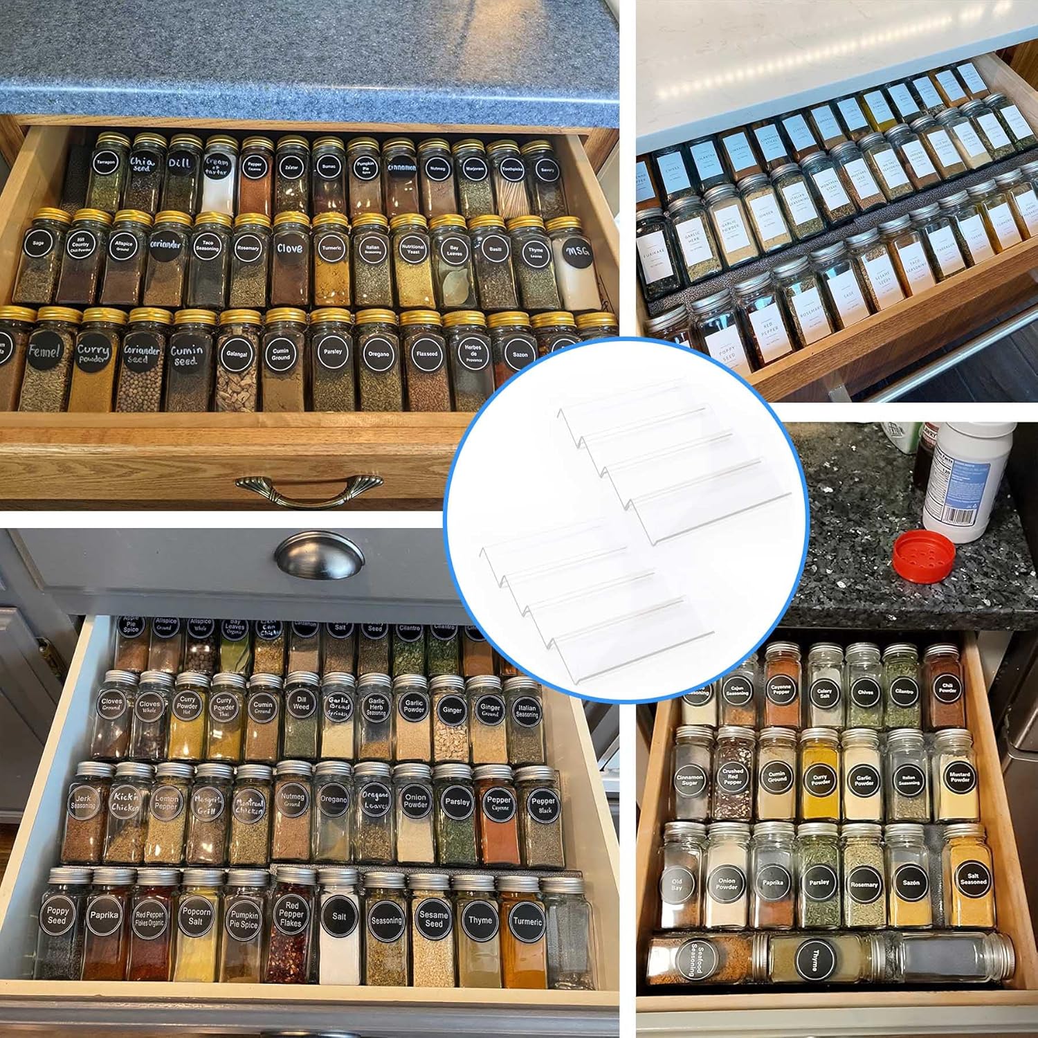 Private Label MIUKAA Clear Acrylic Spice Drawer Organizer, 4 Tier- 2 Set Expandable From 9" to 18" Seasoning Jars Drawers Insert, Kitchen Spice Rack Tray for Drawer/Countertop (Jars not included) Dropshipping Friendly