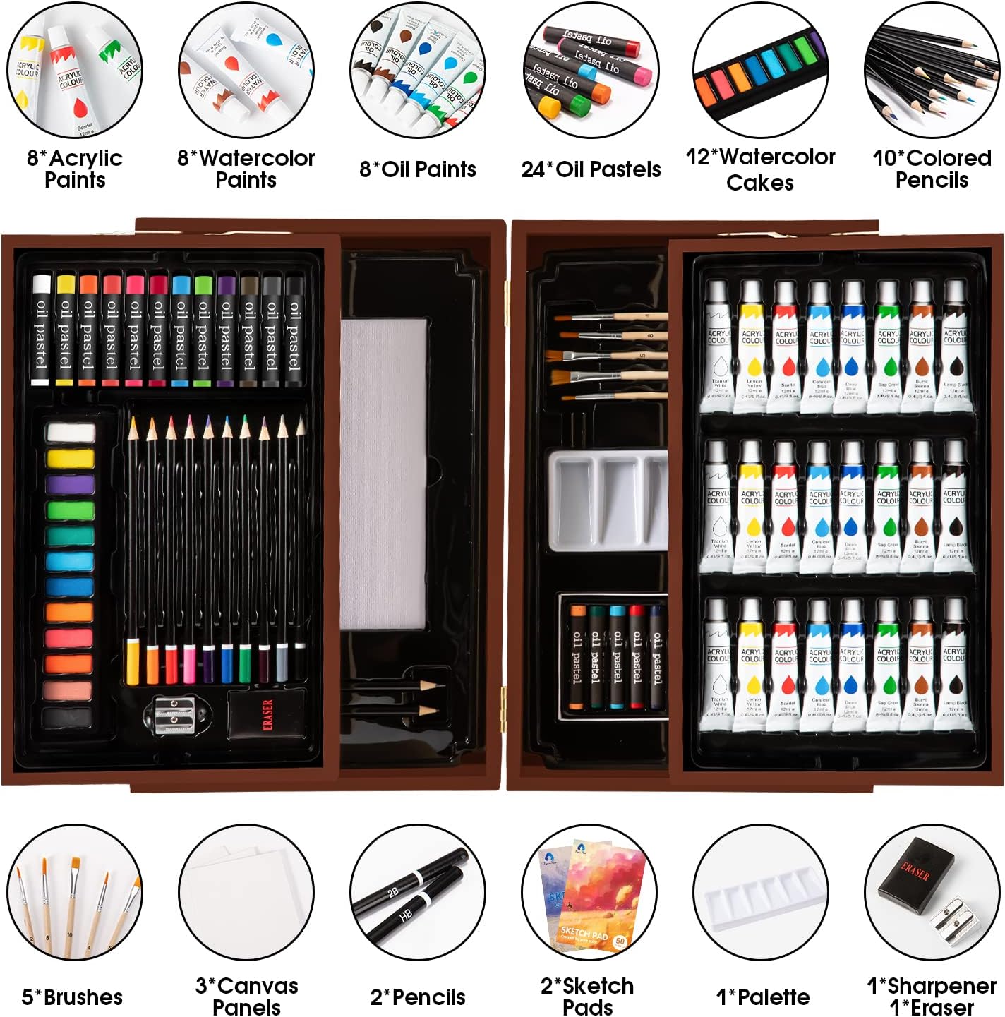 ODM Art Supplies, Vigorfun Deluxe Wooden Art Set Crafts Drawing Painting Kit with 2 Sketch Pads, Oil Pastels, Acrylic, Watercolor Paints, Creative Gifts Box for Adults Artist Kids Teens Girls Custom Mold Development