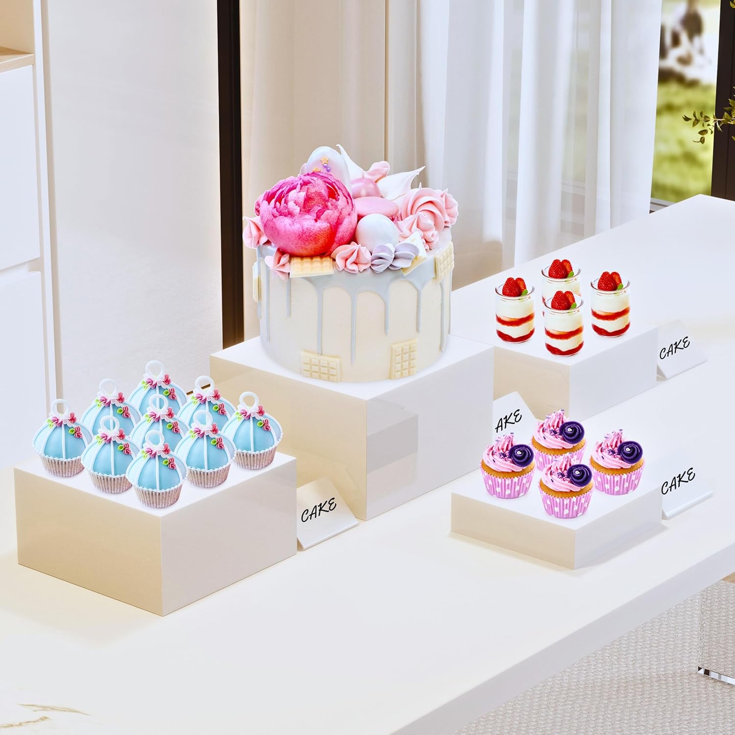 ODM 10” Large Buffet Risers with Mini Signs, Table Risers, Buffet Risers and Stands, Acrylic Cube Display Box Riser for Catering Party Buffet Table Food Display, Dessert, Cakes - White, Set of 4 Boxes Custom Logo Service