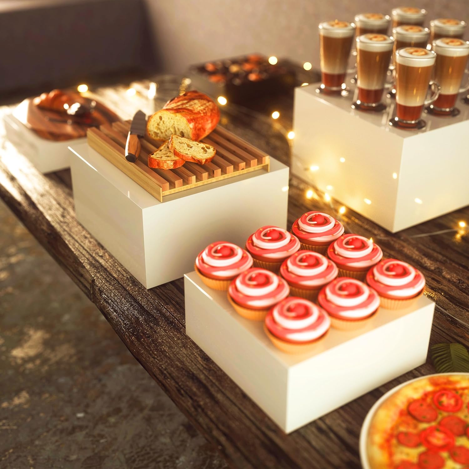 ODM 10” Large Buffet Risers with Mini Signs, Table Risers, Buffet Risers and Stands, Acrylic Cube Display Box Riser for Catering Party Buffet Table Food Display, Dessert, Cakes - White, Set of 4 Boxes Custom Logo Service