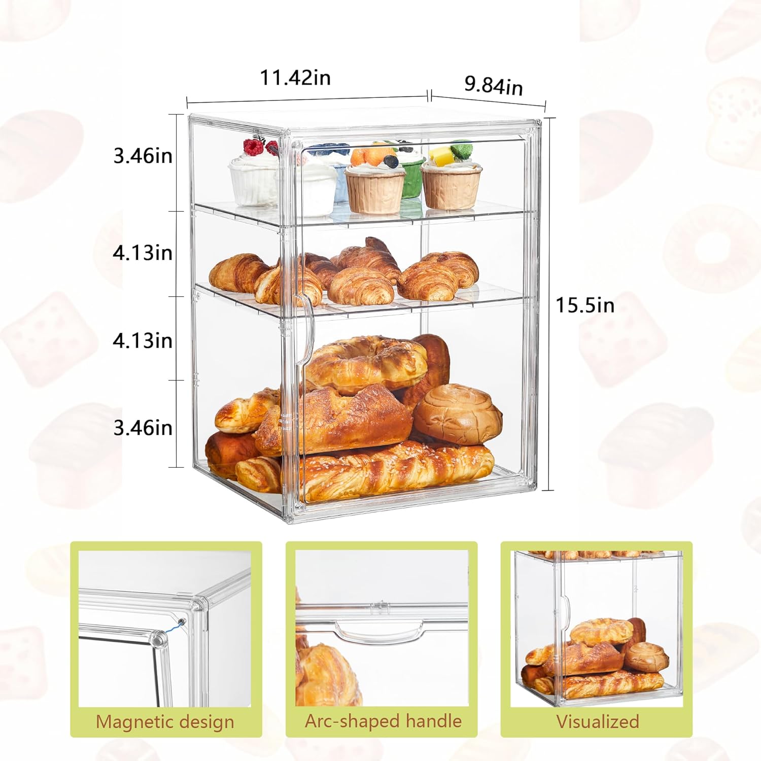 Wholesale OEM ODM Pastry Display Case,Bread Box for Kitchen Countertop,4 Layers Adjustable Clear Bread Storage with Magnetic Door Bakery Pastry Display15.5x11.4x9.8inch，1 Pack Factory & Supplier
