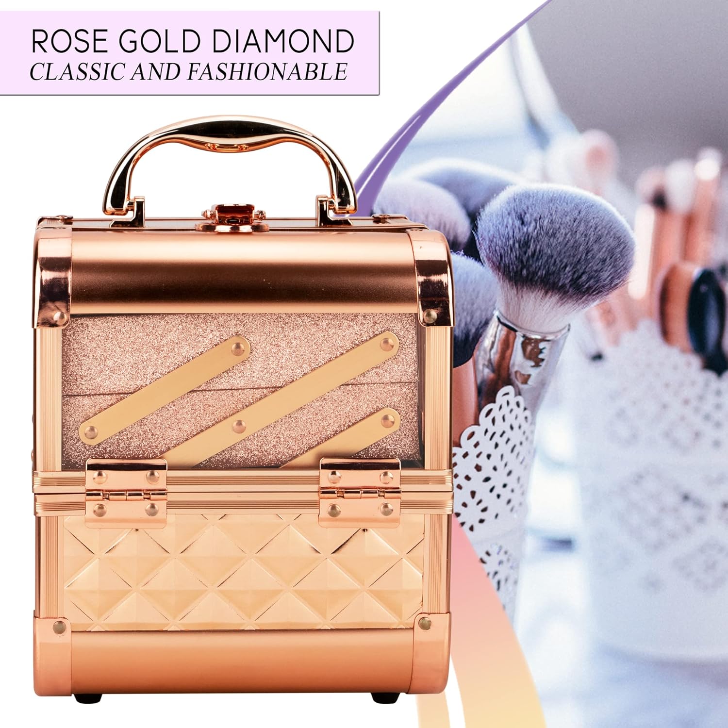 Private Label Ver Beauty Makeup Box Cosmetic Train Case with Clear Armored Acrylic Jewelry Organizer with 2 Tiers Trays and Mirror Lockable Portable Travel Cosmetic Display Aluminum Case (Rose Gold Diamond) Custom Logo Service