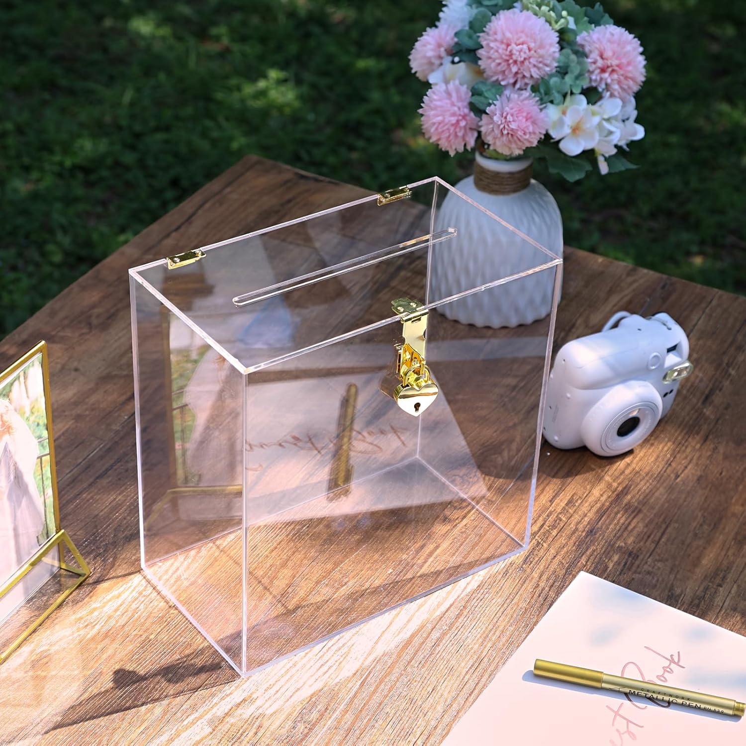 Private Label UNIQOOO Modern Clear Acrylic Card Box with Gold Heart Lock, Customize Thick Blank Wedding Box No Print w/Slot, Large 10x10x5.5 in, for Reception Decoration Fundraiser Wishing Well Box Election Ballot Wholesale Manufacturer