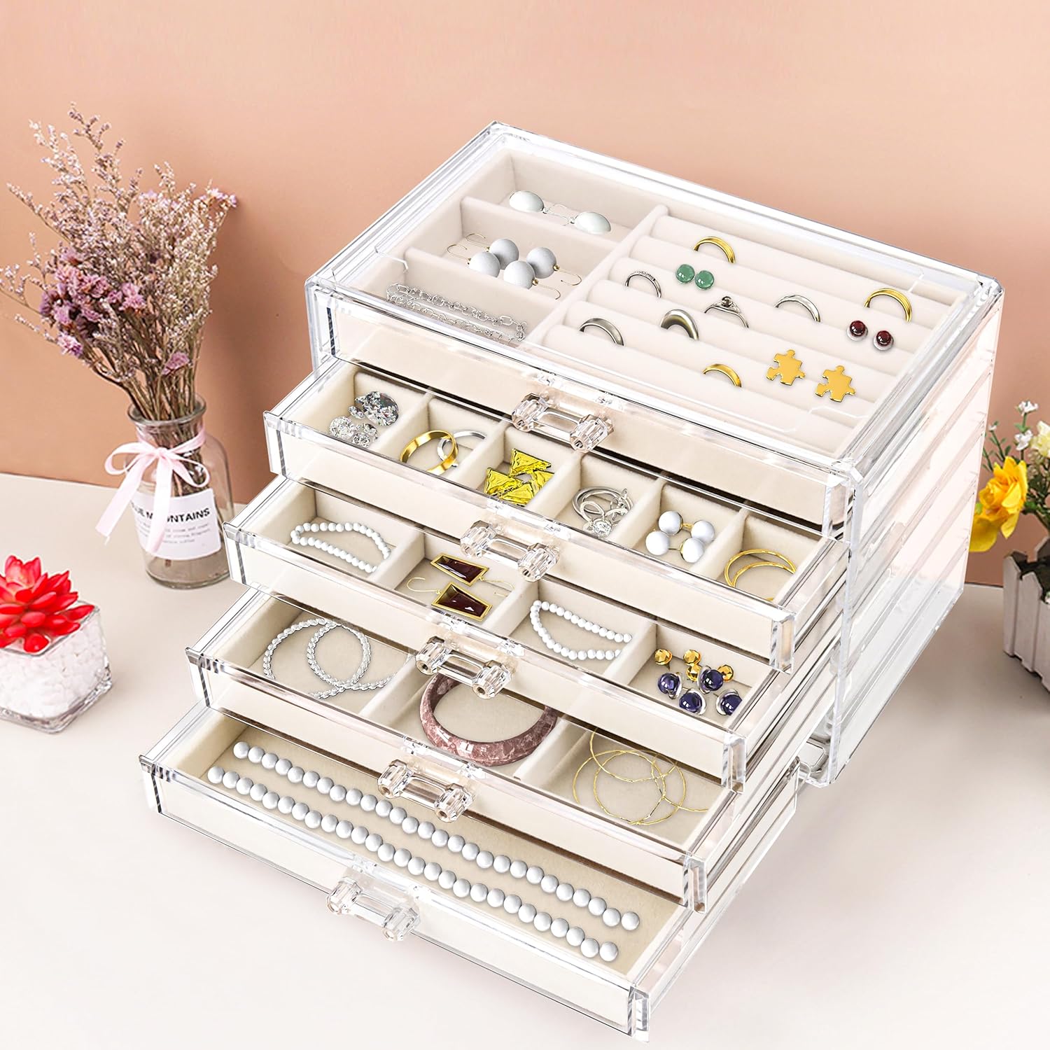 Direct Manufacturer Acrylic Jewelry Organizer with 5 Drawers, Drawer with Velvet Trays, Earring Display for Storage and Gift for Women (Beige) Low MOQ