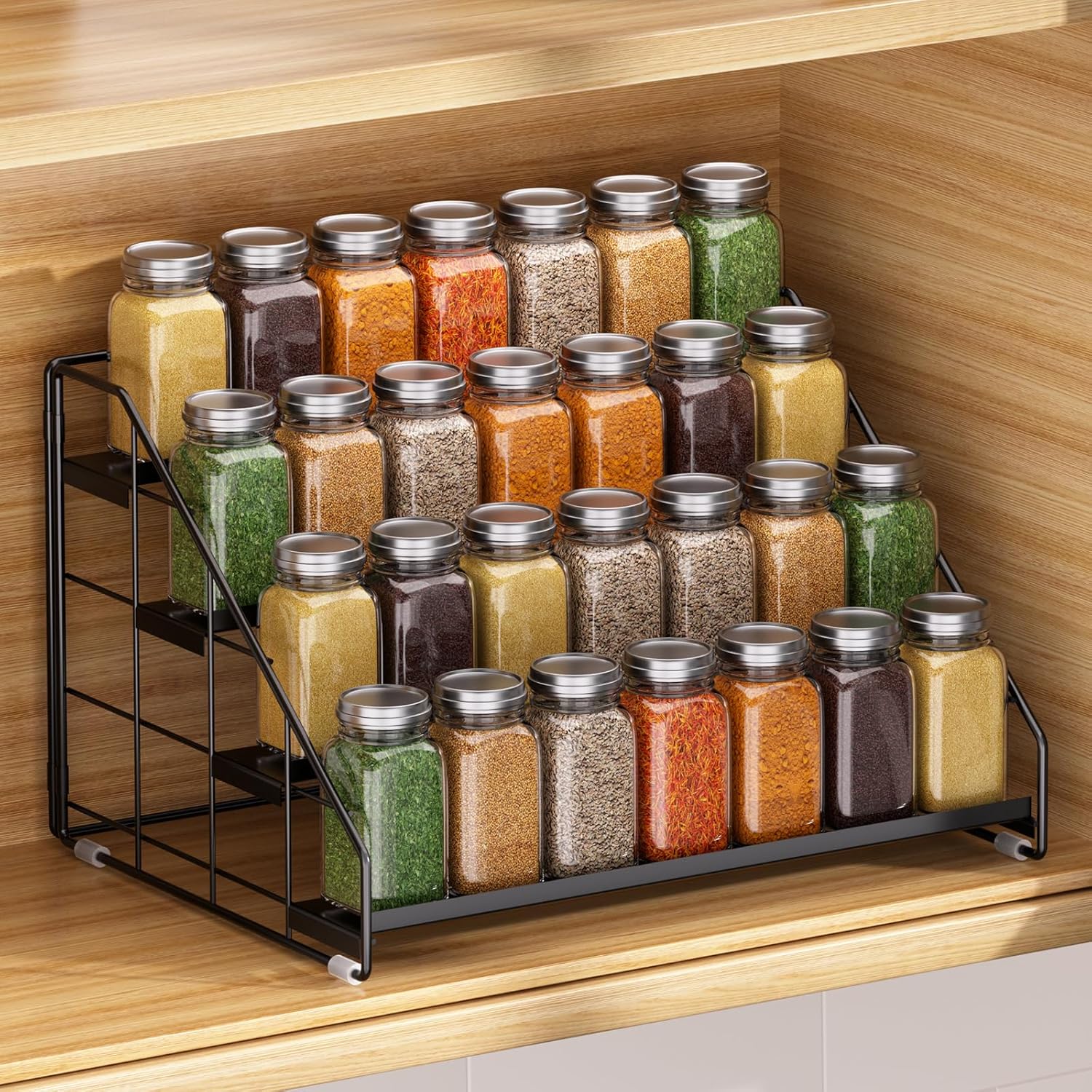 Private Label Spice Rack Organizer for Cabinet, 4 Tiered Spice Rack Organizer, Tiered Adjustable Spice Shelf for Kitchen Countertop Pantry Organization (Bright Black) Dropshipping Friendly