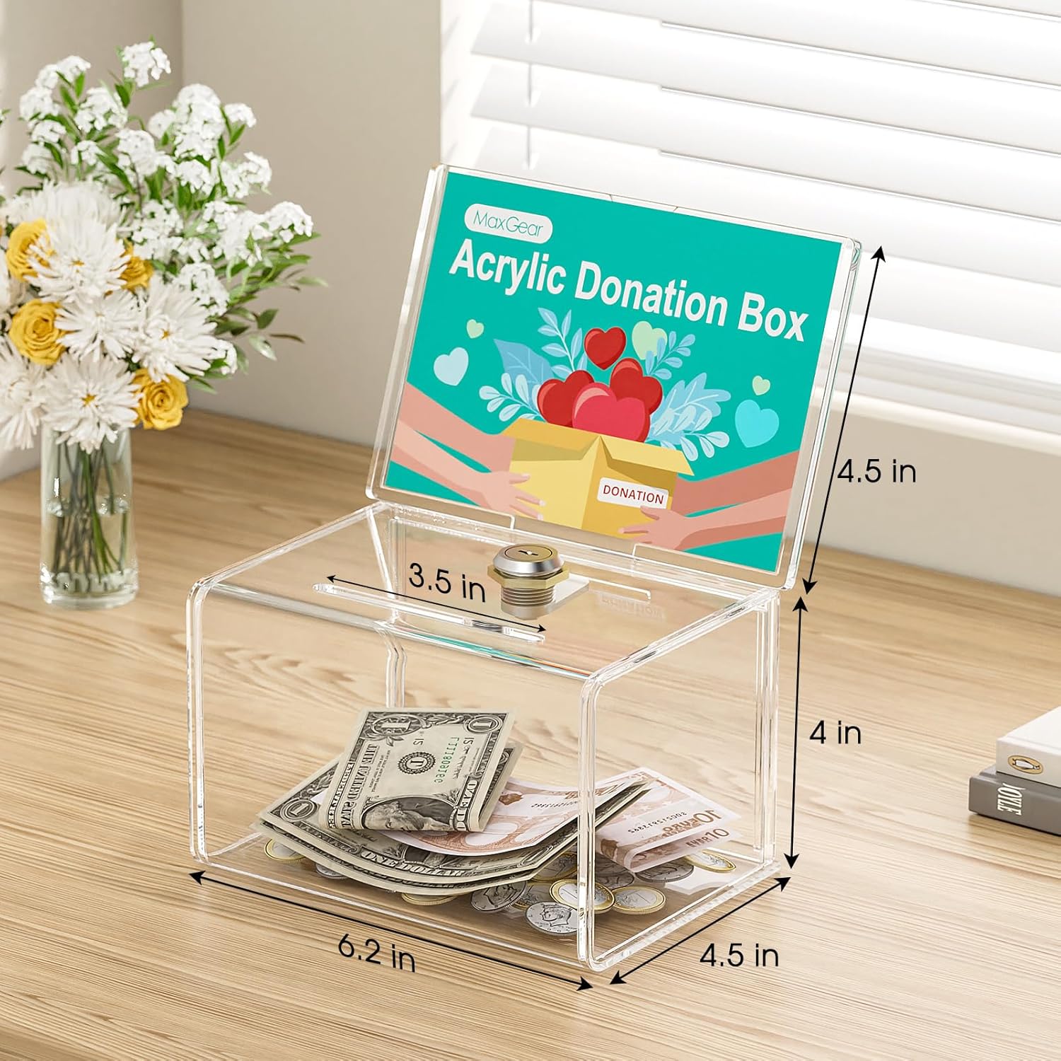 Private Label MaxGear Acrylic Donation Box with Lock and Sign Holder, Clear Ballot Box Donation Boxes for Fundraising (6.2" x 4.5" x 4") with Lock - Clear Custom Mold Development
