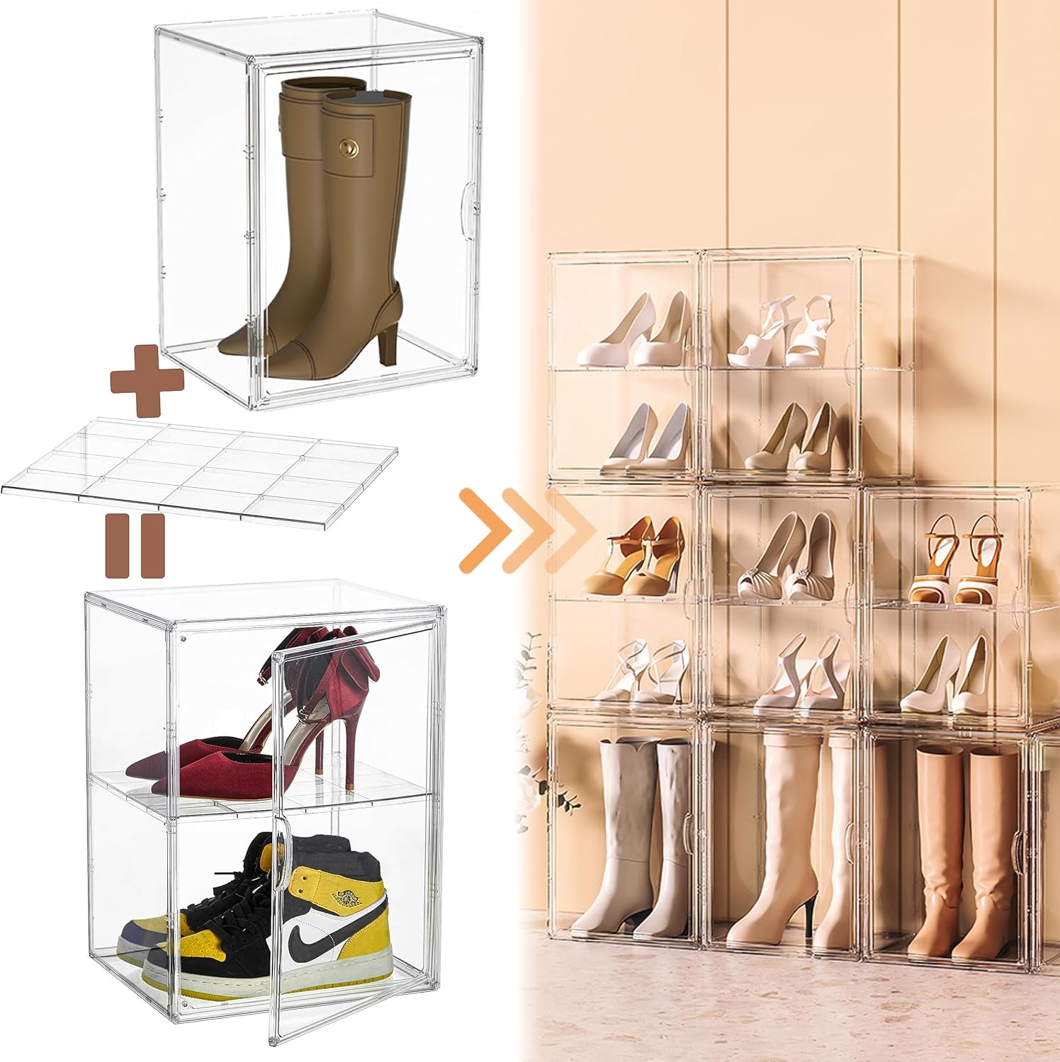 Wholesale OEM ODM Attelite XXX-Large Clear Display Case Stackable Plastic Storage Bins with Lid, 2 Tiers Boot Shoe Box Organizers with an Adjustable Divider, Big Acrylic Display Storage Box with Magnetic Door Factory & Supplier