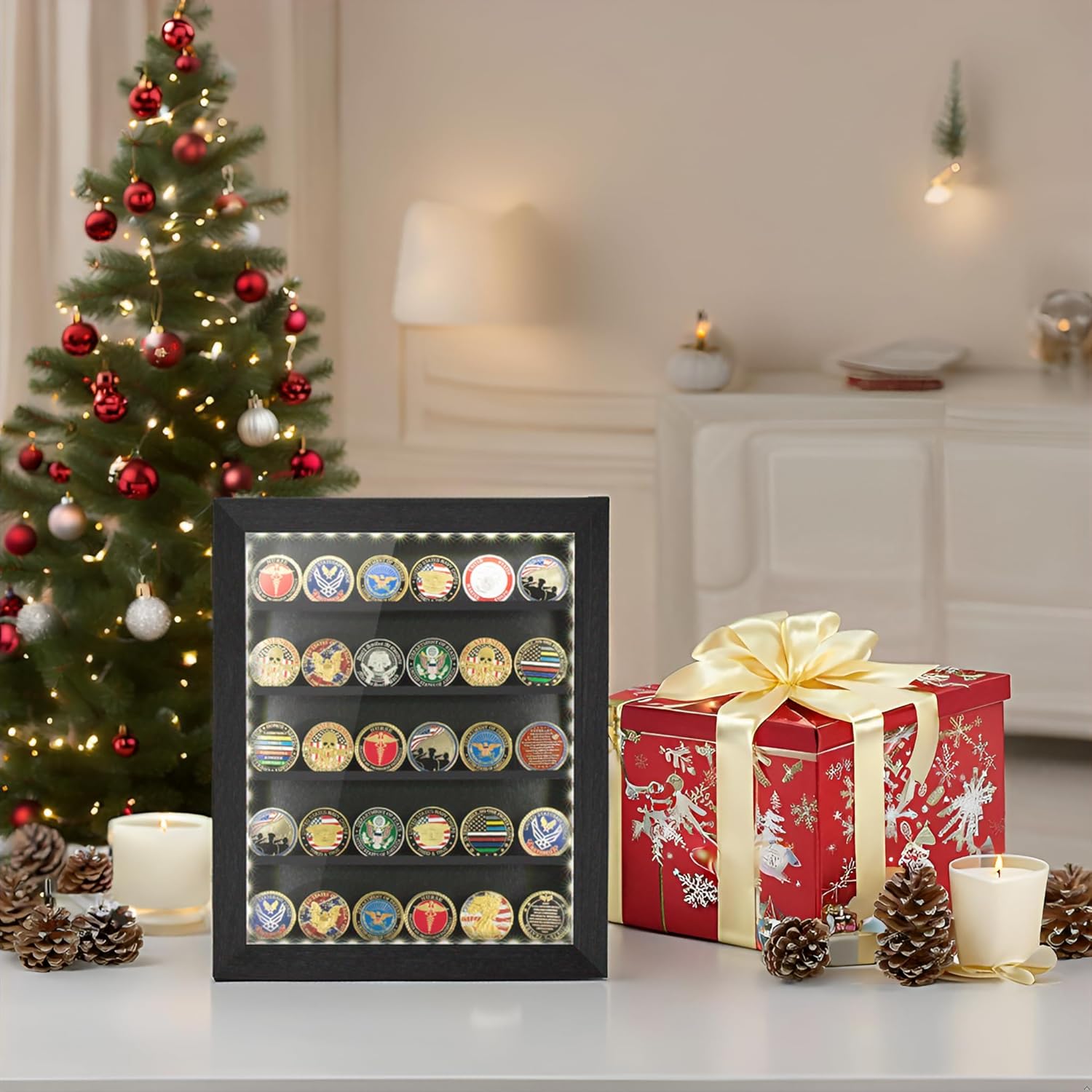 Private Label Military Challenge Coin Display Case with LED 11x14IN, Medal Shadow Box with HD Acrylic Glass, Removable 2 Groove Shelves, Wall Mount Coin Collection Holder for Casino Poker Chips Exquisite Souvenirs Ecommerce Ready Product