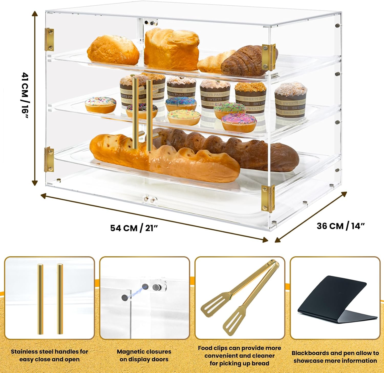Wholesale OEM ODM 3 Tray Bakery Display Case for Commercial Countertop, 21" x 17" x 16" Cookie Display Case with Magnetic Rear Doors & Removable Trays, Acrylic Pastry Display Case for Desserts Bread Donut Bagels Factory & Supplier