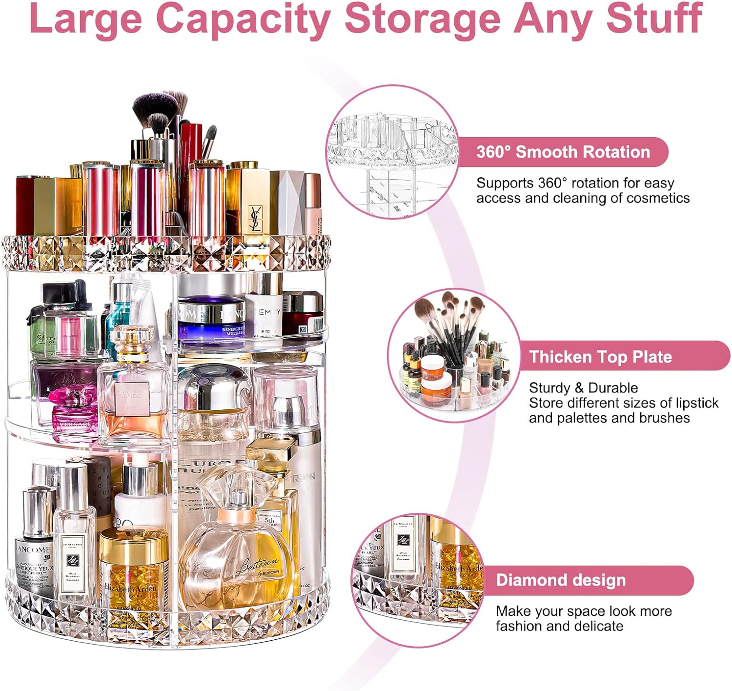 Private Label V-HANVER Makeup Organizer Combo - 360° Rotating Makeup Organizer with 7 Adjustable Layers Acrylic Skincare Organizer Large Cosmetic Display Case Clear Perfume Organizer with Makeup Palette Organizer Custom Logo Service
