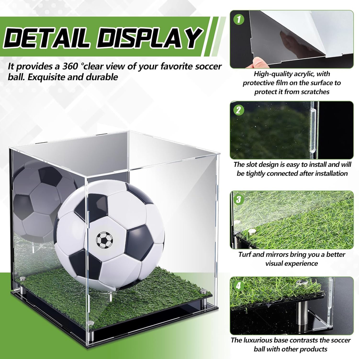 ODM Geelin Soccer Ball Display Case 12" x 11" x 10.5" Acrylic Clear Display Case Box with Mirror Back and Turf Grass, Storage Cube for Soccer Ball Collectibles Sports Memorabilia Collector Gift Custom Logo Service
