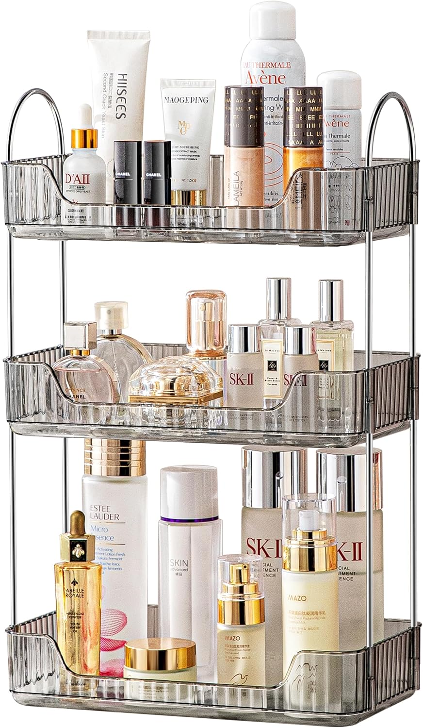3 Tier Bathroom Organizer Countertop Makeup Perfume Tray Skincare Organizer for Bathroom Dresser Vanity (Grey)